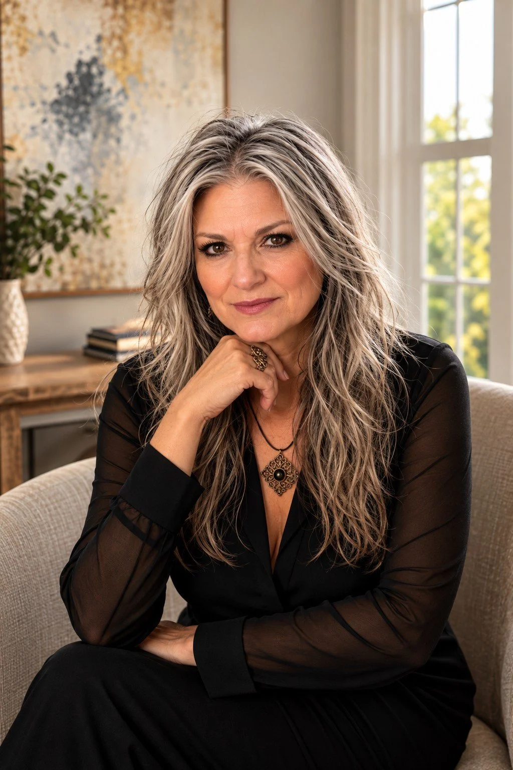 A mature woman with long, wavy gray hair and light skin, sitting on a beige couch in a well-lit room. She wears a black dress with sheer sleeves, gold jewelry, and looks confidently at the camera with her chin resting on her hand.