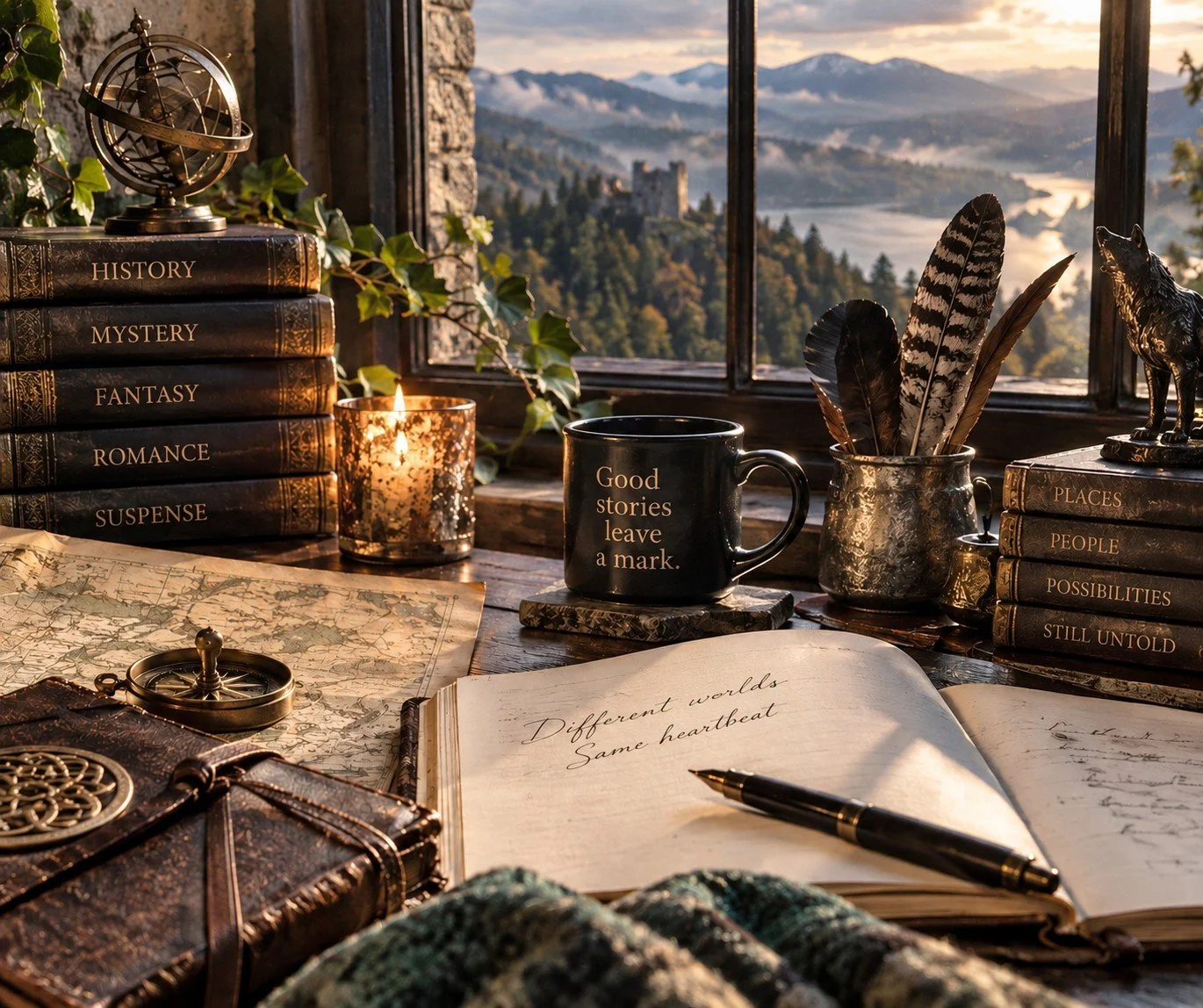 A cozy workspace with books about history, mystery, fantasy, romance, and suspense, a candle, a map, a open notebook with handwritten words, a black mug reading "Good stories leave a mark," a jar with feathers, a pen, and a decorative box, with a scenic mountain view outside the window.