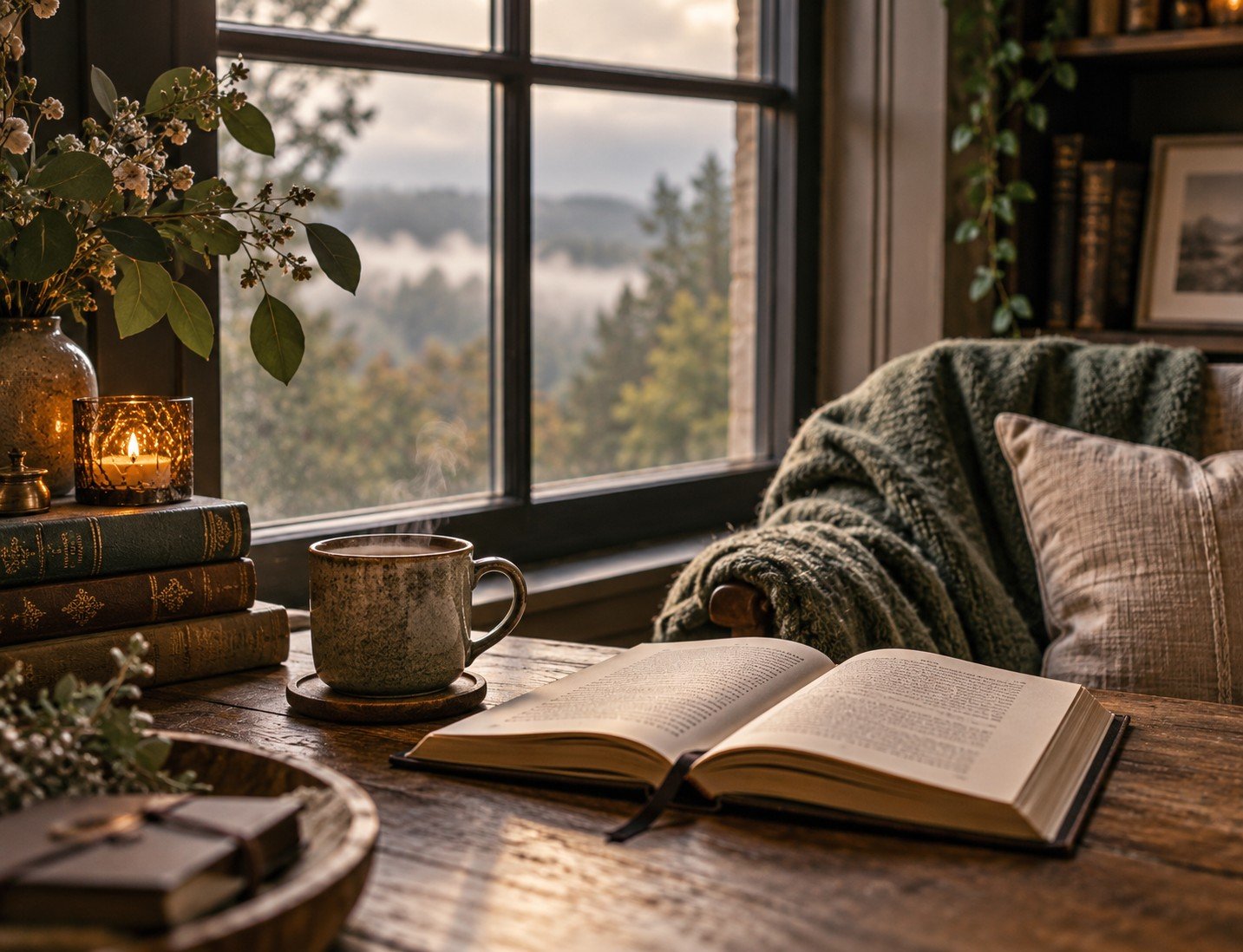 A cozy indoor scene with an open book, a steaming mug on a wooden table, a candle, and a stack of books near a window overlooking a misty, forested landscape.