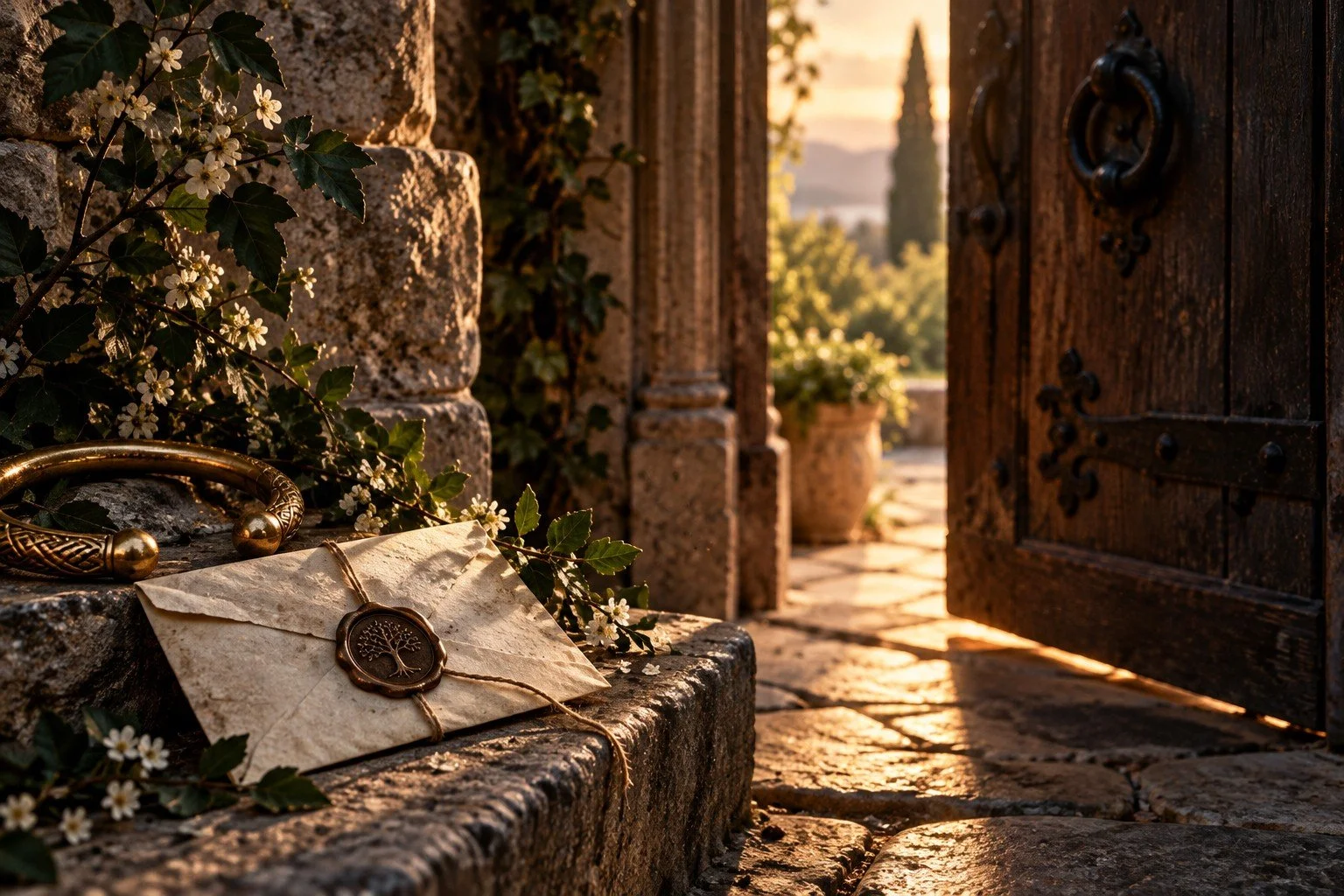 A rustic stone doorway with a dark wooden door slightly open, revealing a sunset-lit garden with potted plants and trees. An envelope with a wax seal, a gold bracelet, and some white flowers and greenery are arranged on the stone step outside the door.