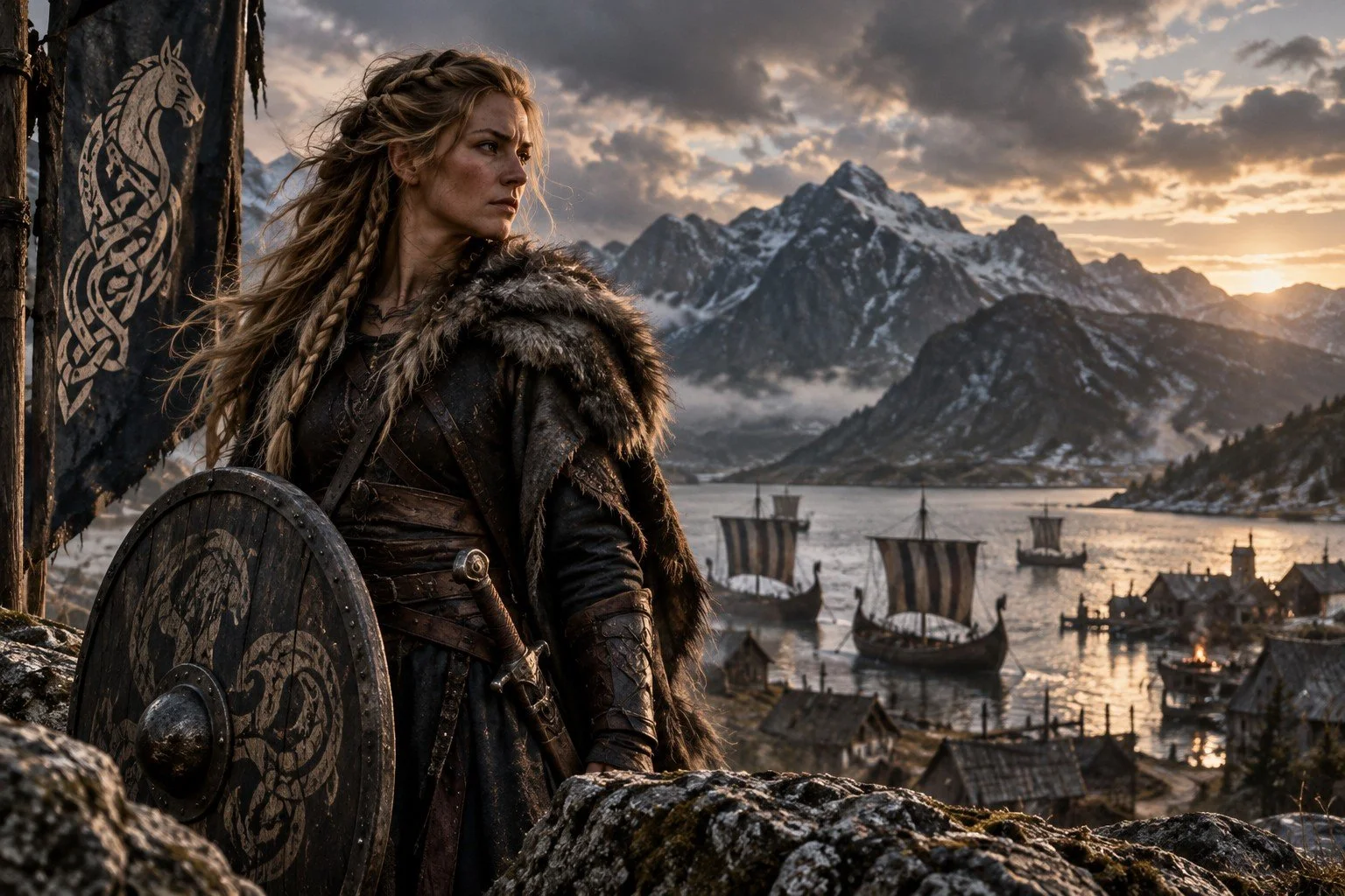 A woman dressed in medieval Viking-style clothing holding a shield, standing on rocks overlooking a Viking-era village by a lake with ships, mountains, and a sunset in the background.