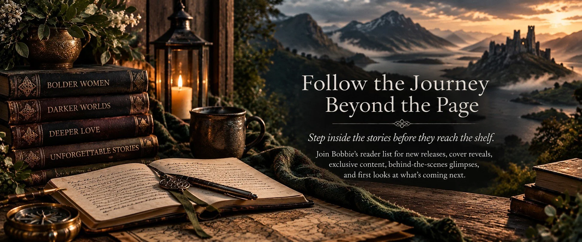 An outdoor scene at sunset with a rustic table displaying books titled 'Bolder Women,' 'Darker Worlds,' 'Deeper Love,' and 'Unforgettable Stories,' a lit candle, a mug, an open journal with writing, a pen, and a compass. The background features a river, mountains, and a castle-like structure.
