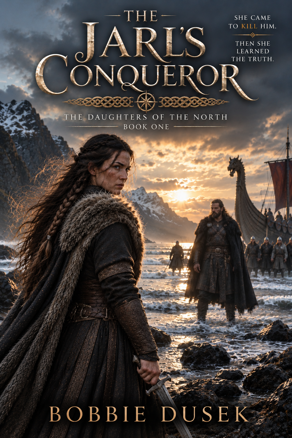 Book cover for 'The Jarl's Conqueror' showing a woman in Norse clothing holding a sword on rocky shore at sunset, with men and a Viking ship in background.