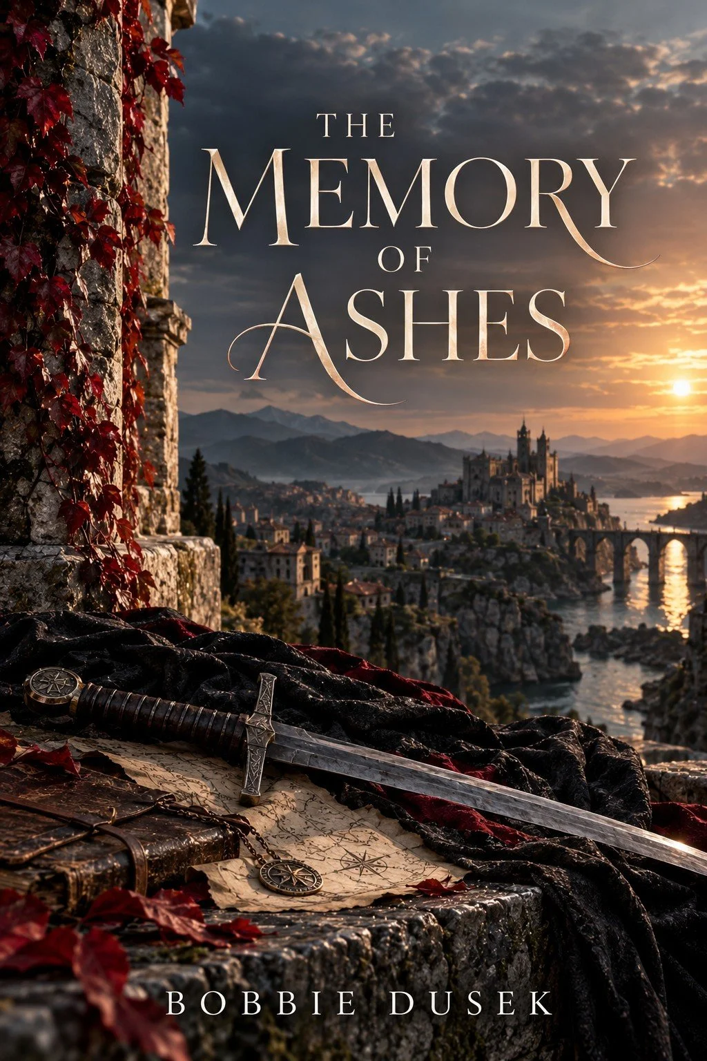 A fantasy book cover featuring a medieval sword resting on a stone ledge with red autumn leaves. In the background, a castle sits atop a hill next to a river, with mountains and a sunset sky.