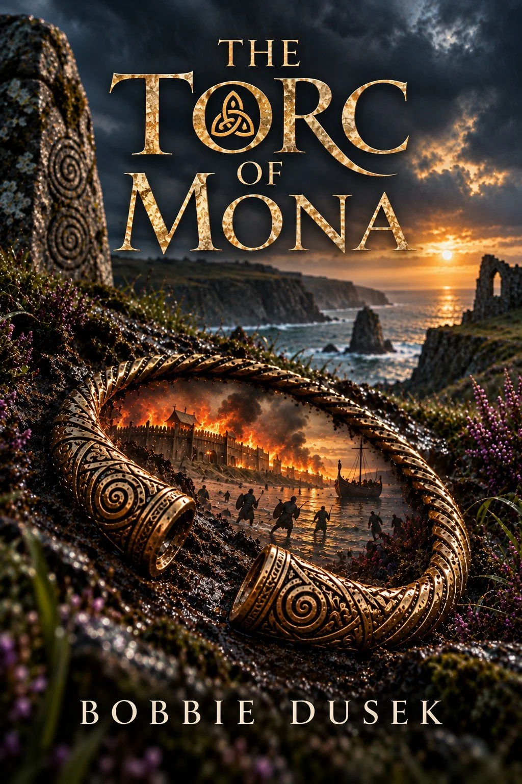 Book cover for 'The Torc of Mona' by Bobbie Dusek featuring a coastal landscape at sunset, with ruins and a mirrored ornate torc bracelet reflecting scenes of a burning city, a ship, and people on a beach.