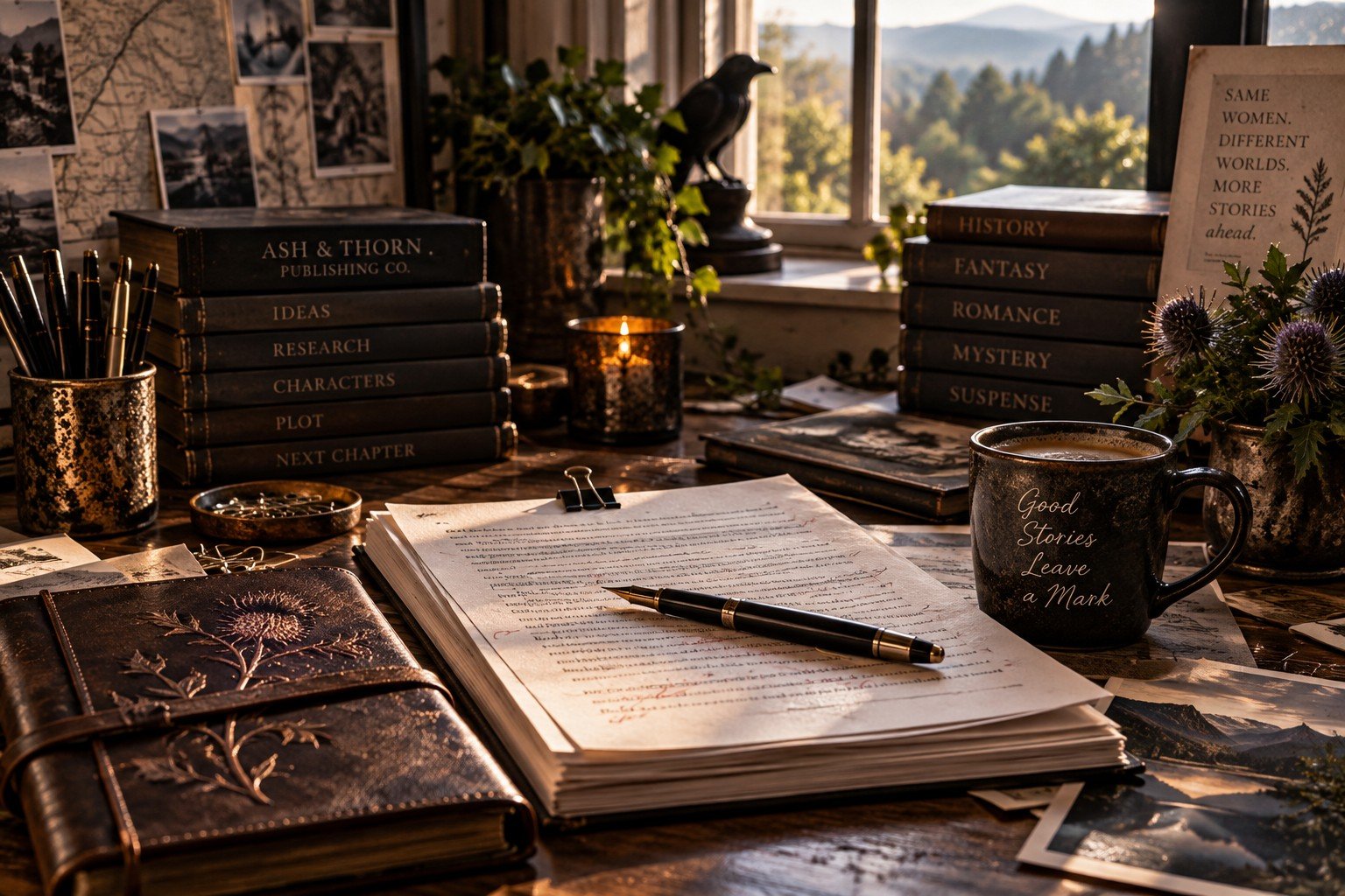 A cluttered wooden desk with notebooks, stacks of books, a cup of coffee, photographs, and stationery in a cozy, well-lit room with a window overlooking a scenic landscape.