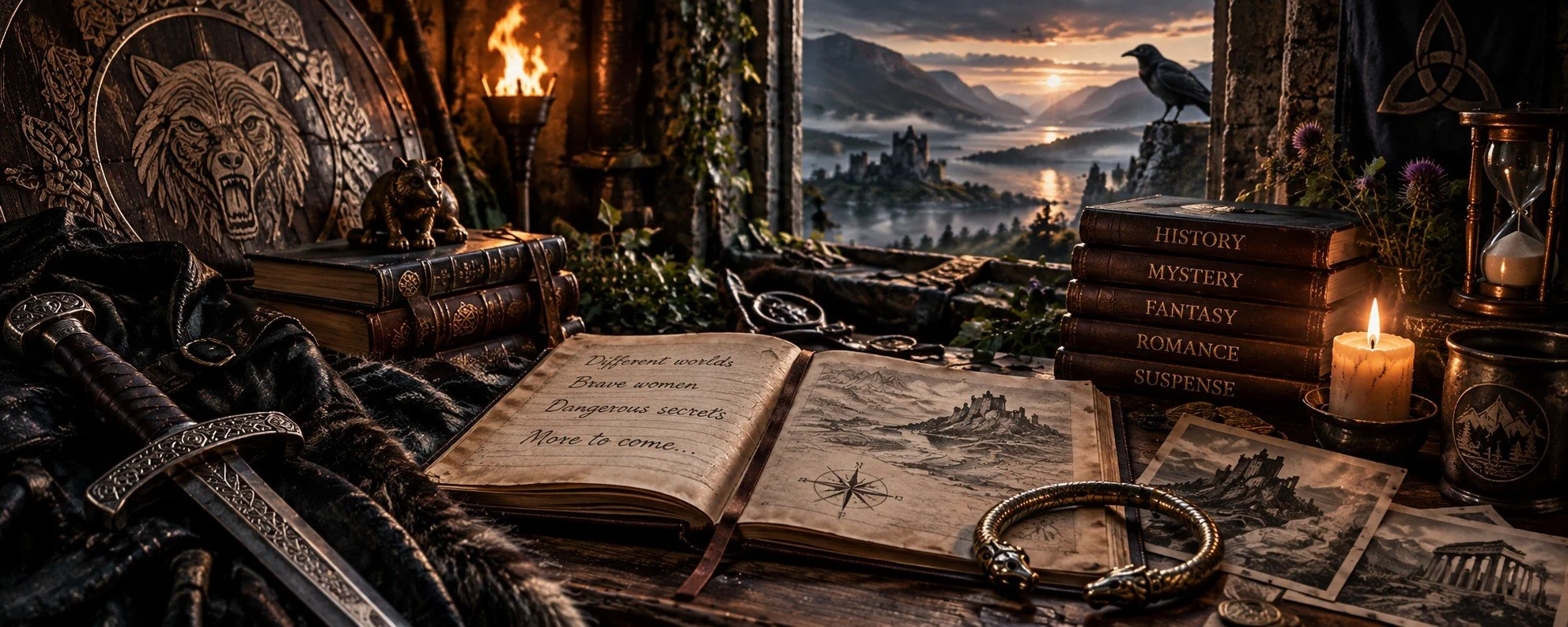A medieval-themed desk with books, a candle, a sword, and jewelry, overlooking a scenic landscape with mountains and a castle at sunset.