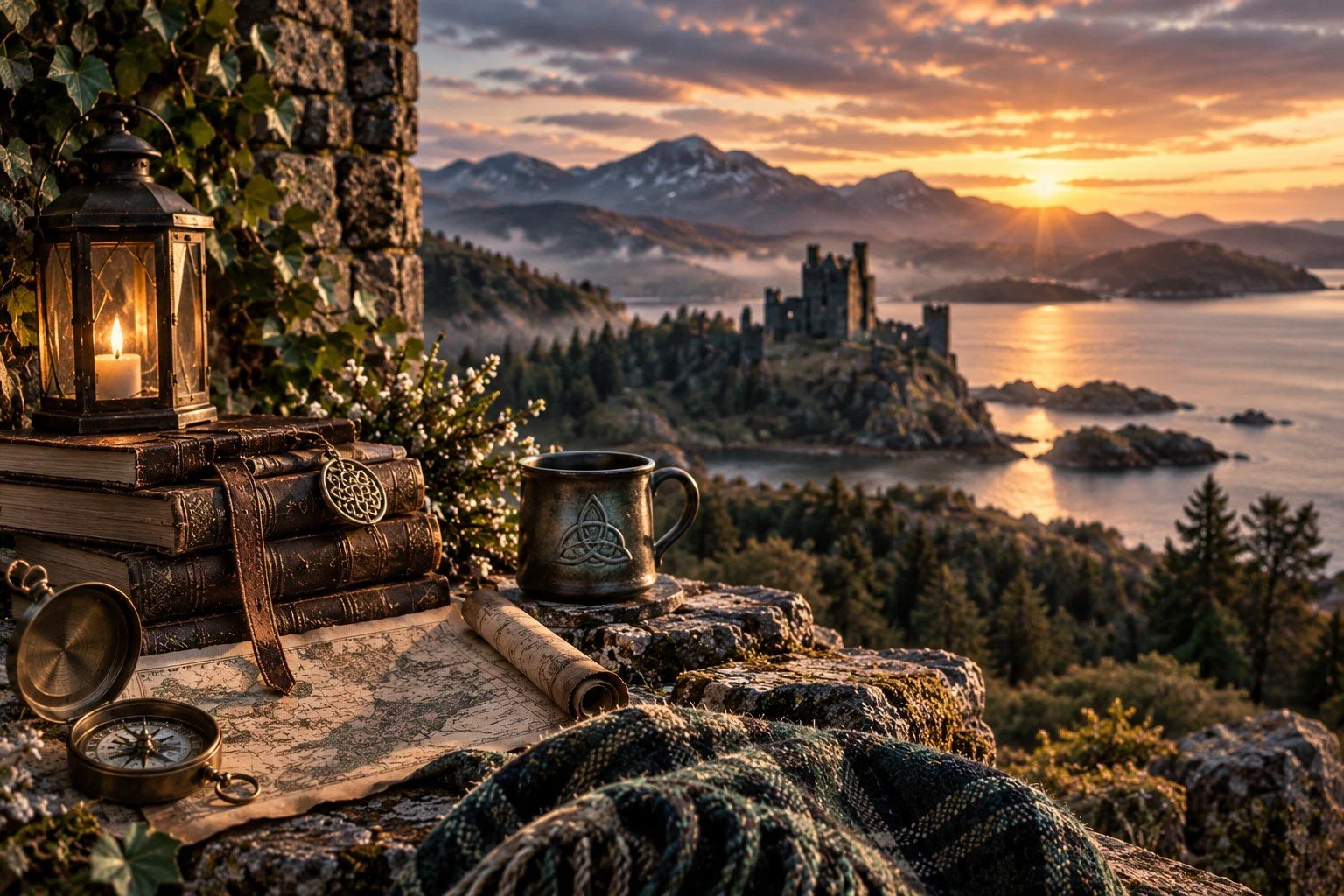 A scenic view of a sunset over a castle on a hill by the water with mountains in the background. In the foreground, there are books, a lantern, a mug with a Celtic knot design, a compass, and a rolled-up map on a stone surface.