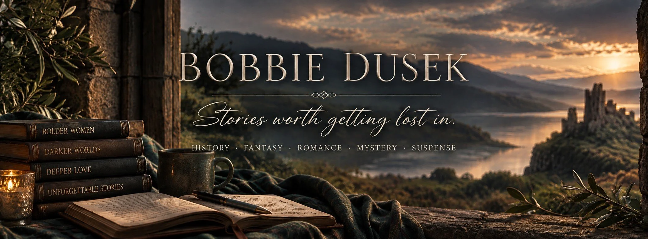 A scenic landscape with a sunset over mountains and a river, featuring a rustic outdoor setup with books, an open journal, a coffee mug, and a pen, with the text 'Bobbie Dusek Stories worth getting lost in. History, Fantasy, Romance, Mystery, Suspense'
