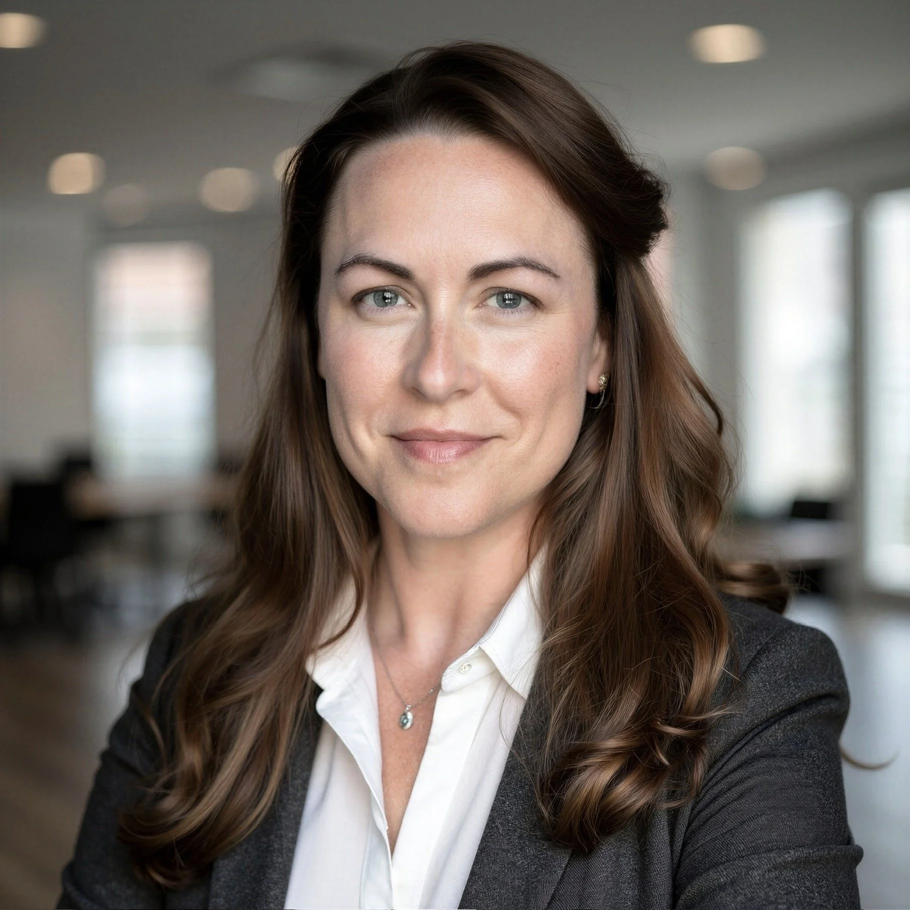 Close-up of a smiling woman with long, wavy brown hair, wearing a dark blazer and a white collared shirt, in an office setting.