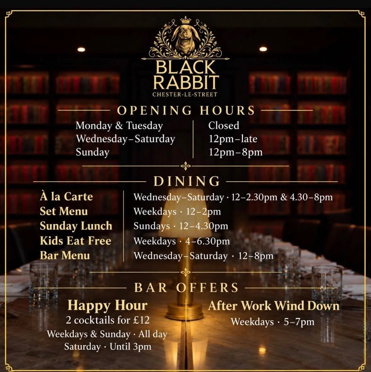 A little update from Black Rabbit 🖤🐇

New opening hours, new ways to spend your time with us, and plenty of reasons to pop in! 🍽️🥂

Whether it&rsquo;s a relaxed lunch, a delicious dinner, drinks at the bar or a little something in between, we&rsq