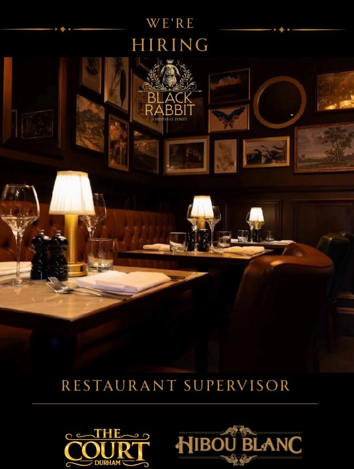 WE&rsquo;RE HIRING 🖤

We&rsquo;re looking for a passionate Restaurant Supervisor to join The Black Rabbit team! 
Love hospitality and have a flair for leadership? We&rsquo;d love to hear from you!

📩 info@blackrabbitchesterlestreet.com
📞 0191 380 