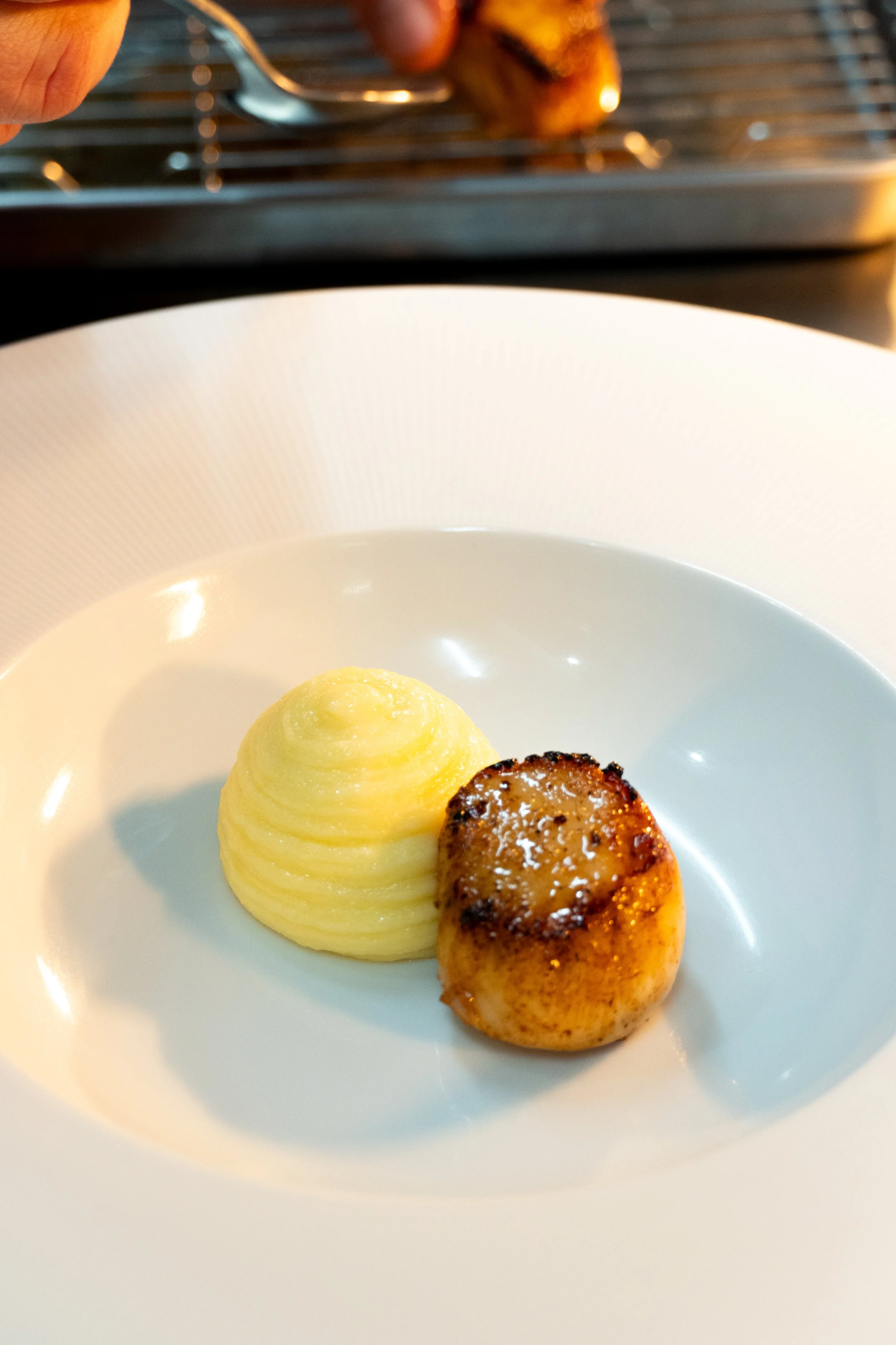 A white plate with a swirl of mashed potatoes and a seared scallop garnished with coarse salt, with a grill in the background.