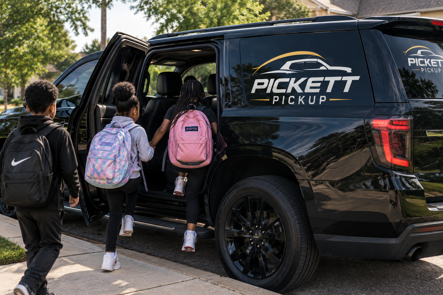 Three children with backpacks entering a black SUV with a 'PICKETT PICKUP' logo on the side, parked on a suburban street with trees and houses.