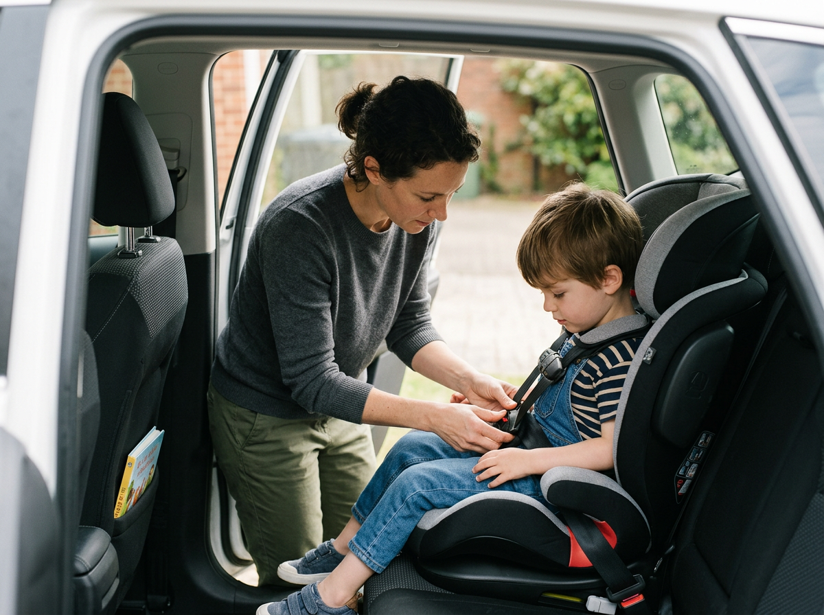 A woman helping a young boy buckle his seatbelt in a car passenger seat.