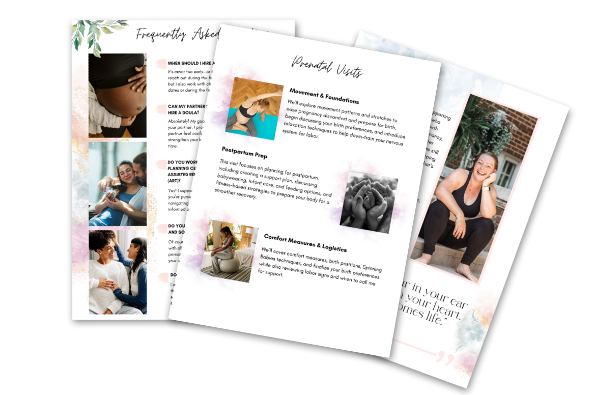 Three printed pregnancy planning and education brochures with images of pregnant women, babies, and newborn newborns, featuring topics like prenatal visits, birth support, postpartum prep, and comfort measures.