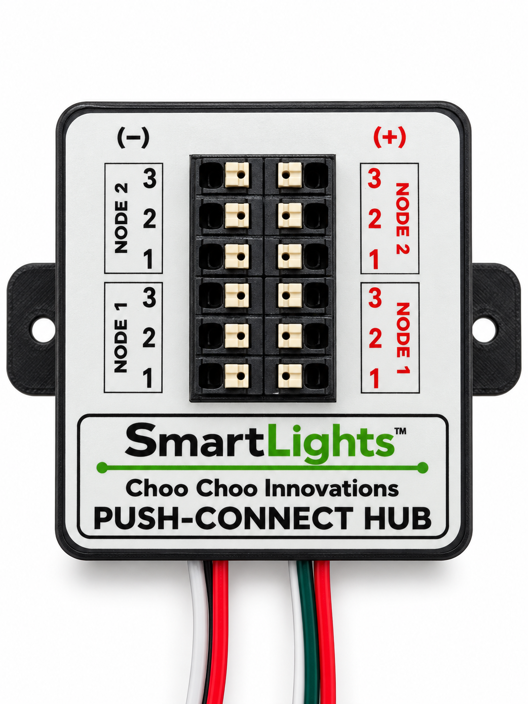 Front view of the Choo Choo Lights Push-Connect Hub showing six pairs of push-connect terminals, positive and negative polarity markings, numbered ports, and mounting tabs.