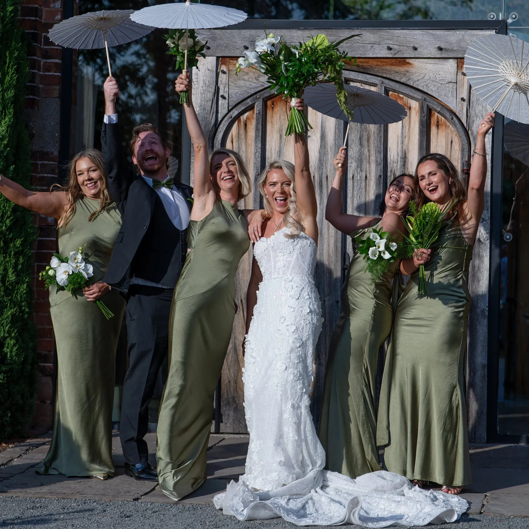 Bridal Party Wedding photo of a bride wearing Blanche Bridal Keira and Olive Green Bridesmaids dresses by Willow Victoria 