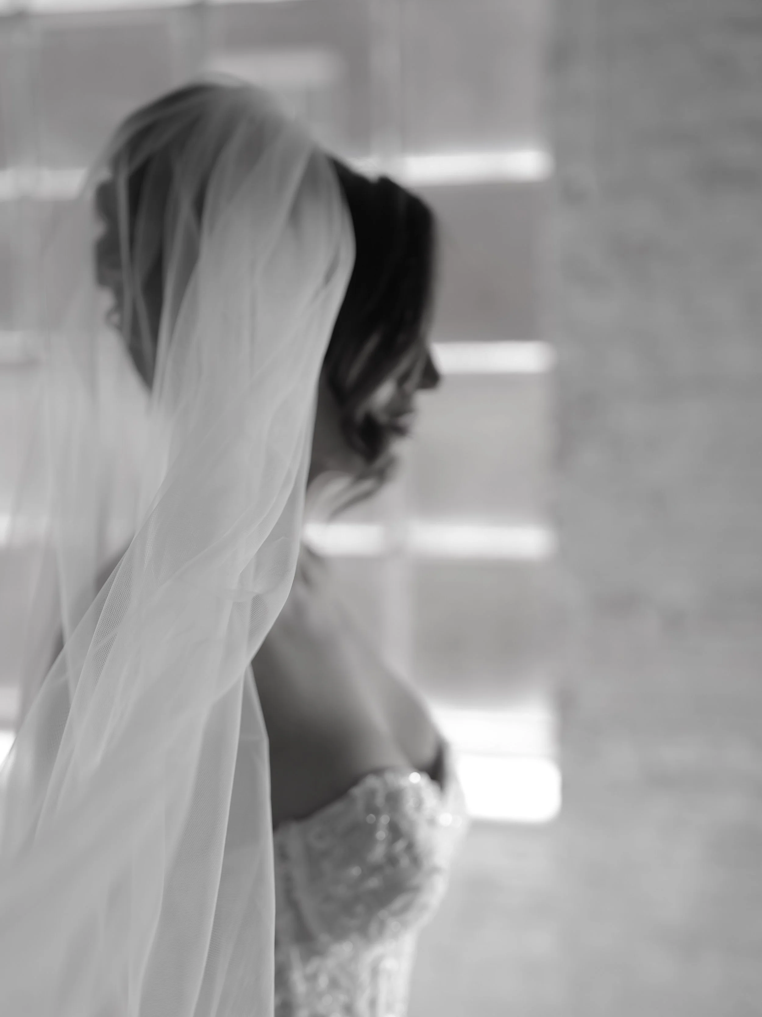 An editorial black and white image by Willow Victoria Photography of a bride wearing a dress called Kali and a veil with lots of volume with her hair up.