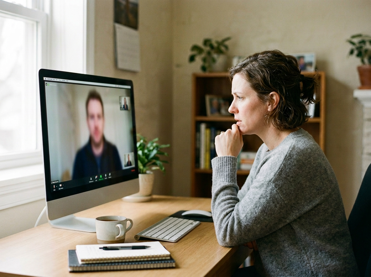 A woman with short wavy hair looks at a computer screen with a video call or virtual meeting, appearing focused and listening attentively.