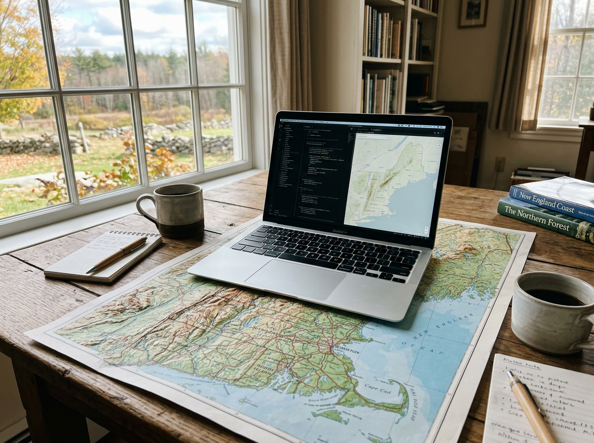 A wooden table with a map of Louisiana, a laptop displaying code and a map, two coffee mugs, a notepad with a pen, and books about New England Coast and Northern Forest, set by a window with an outdoor view of trees and a spring landscape.