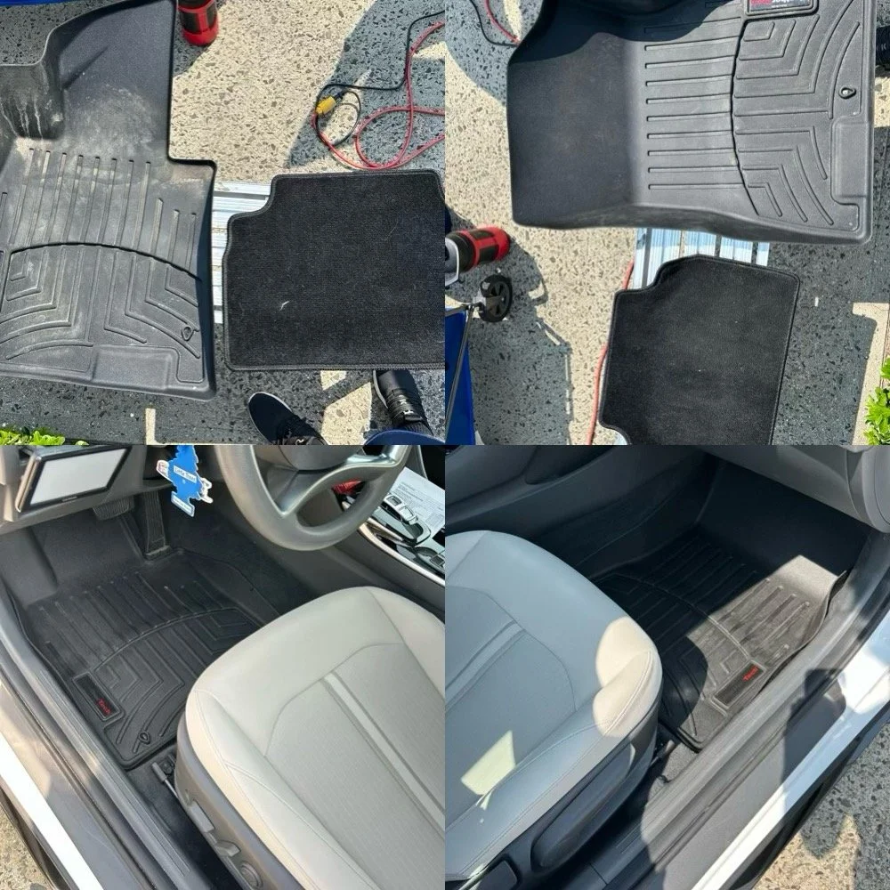 Comparison of car floor mats; top row shows old, worn mats outside, bottom row shows new, clean mats inside a car.