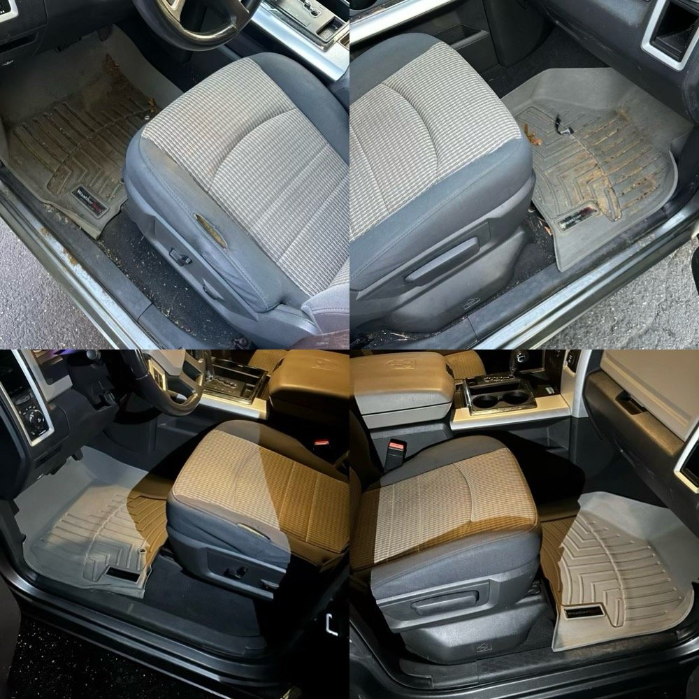 Comparison of truck interior with dirty rubber floor mats versus clean mats.