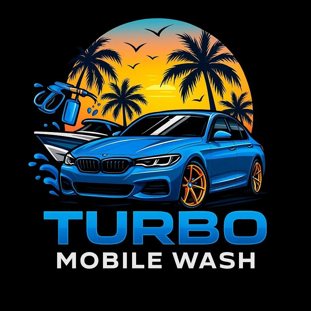 Illustration of a blue luxury car at a beach with palm trees, a sunset, and a boat, promoting a turbo mobile car wash service.