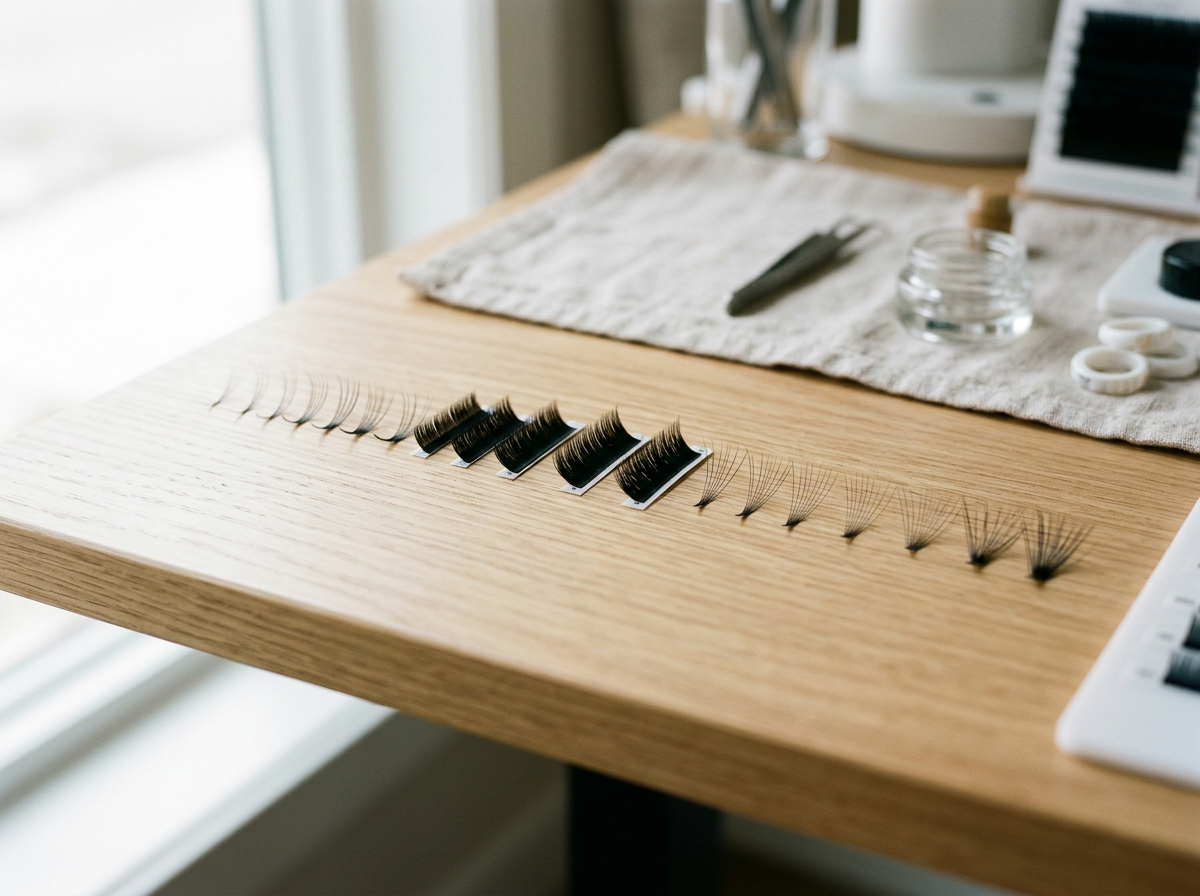 A wooden table with multiple sets of false eyelashes and eyelash extensions arranged in a row, along with some tools and containers used for eyelash application.
