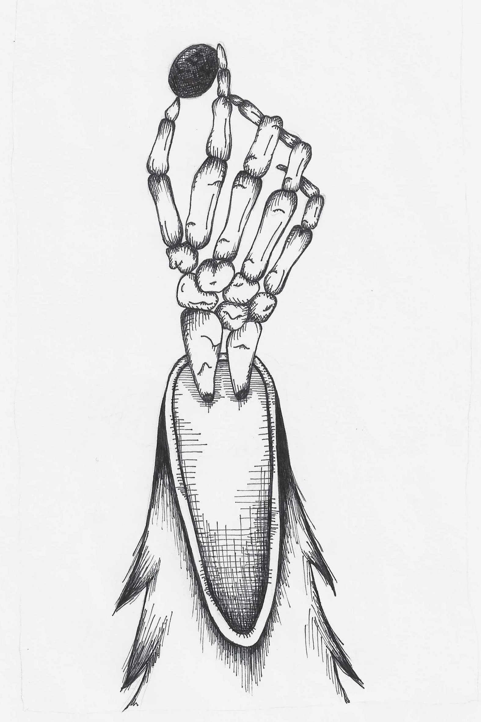 Black and white ink drawing of a fish with an anthropomorphic hand and arm, depicted as the fish's body, holding a fish hook.