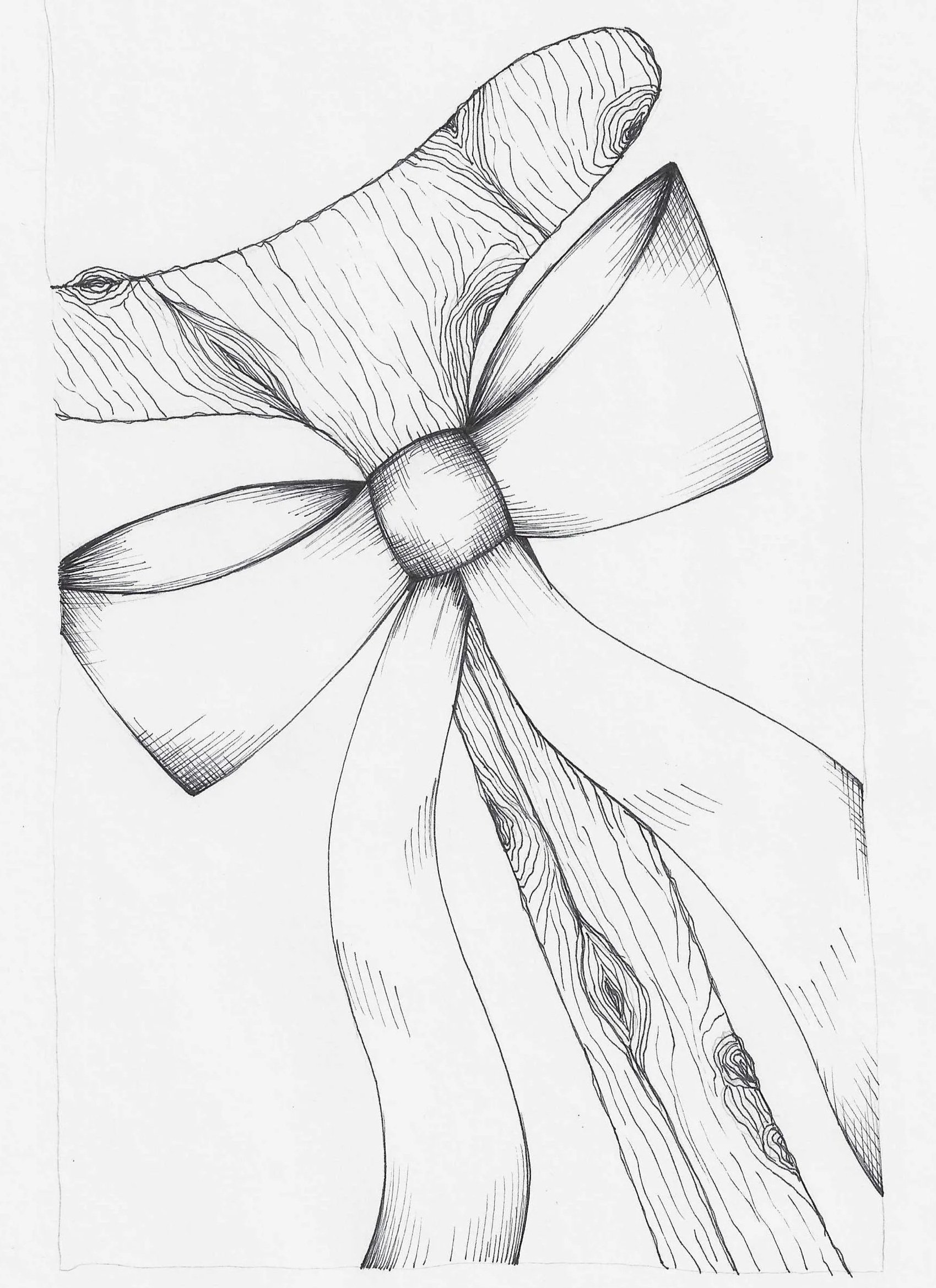 A black and white line drawing of a log with a ribbon tied around it.