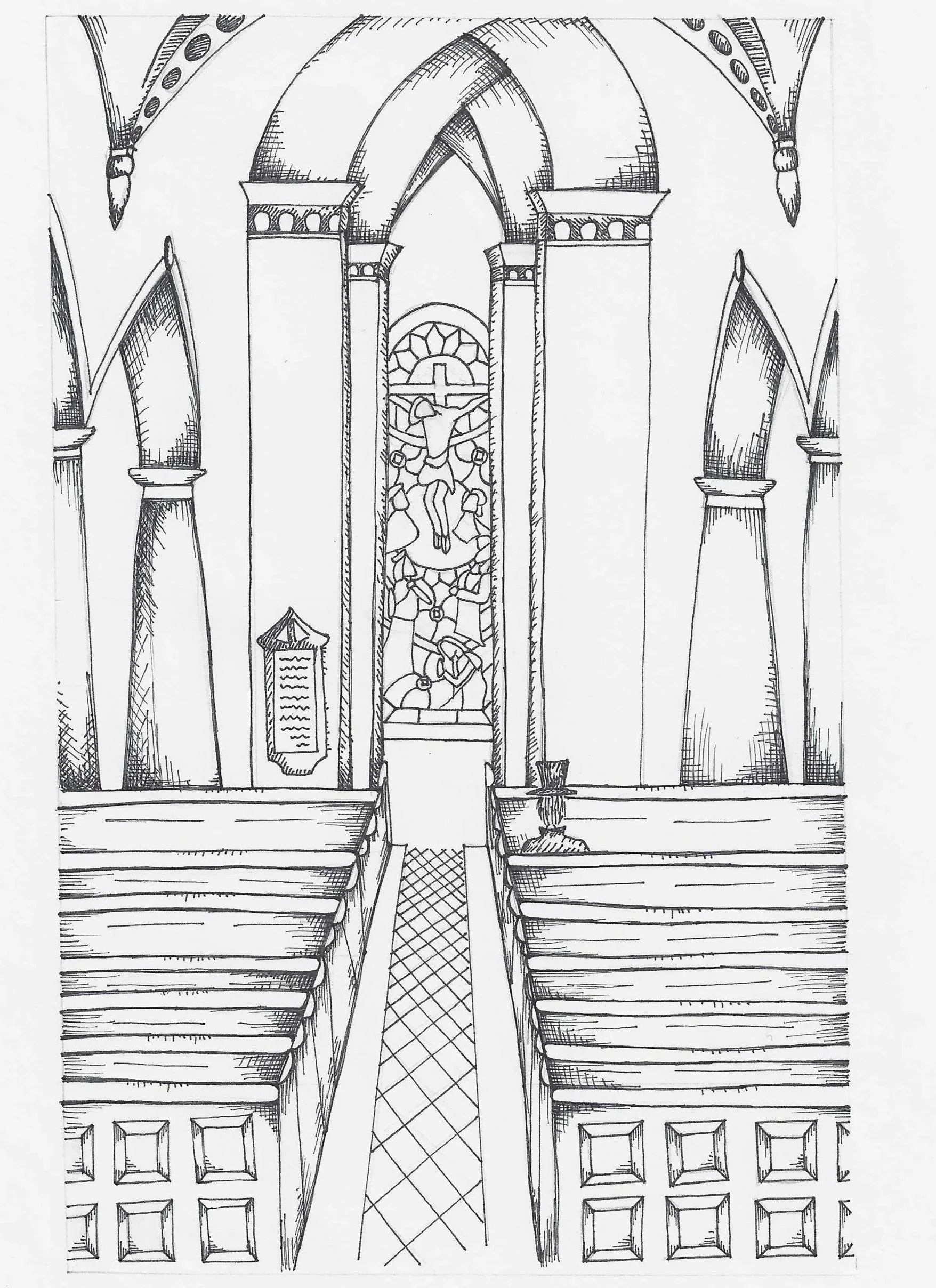 A detailed black and white architectural sketch of a church or cathedral, featuring tall columns, pointed arches, and a stained glass window depicting Jesus on the cross at the center.
