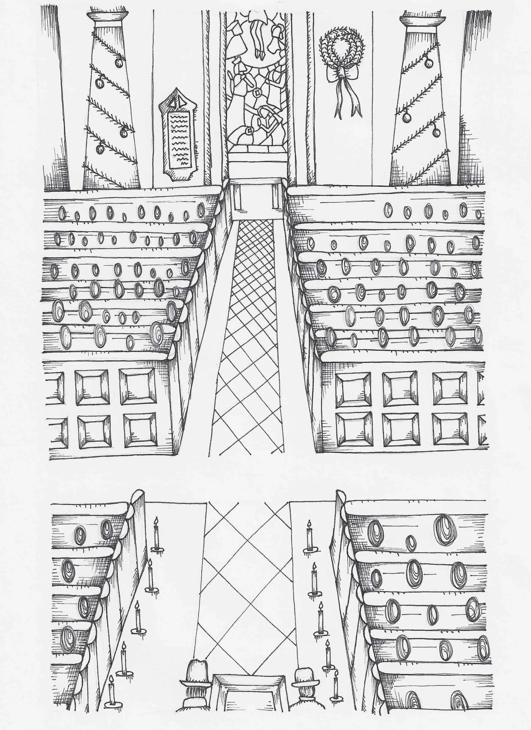 Black and white line drawing of a church altar with three sections, each with stepped platforms, candles, and decorative items, viewed from the back of the church.