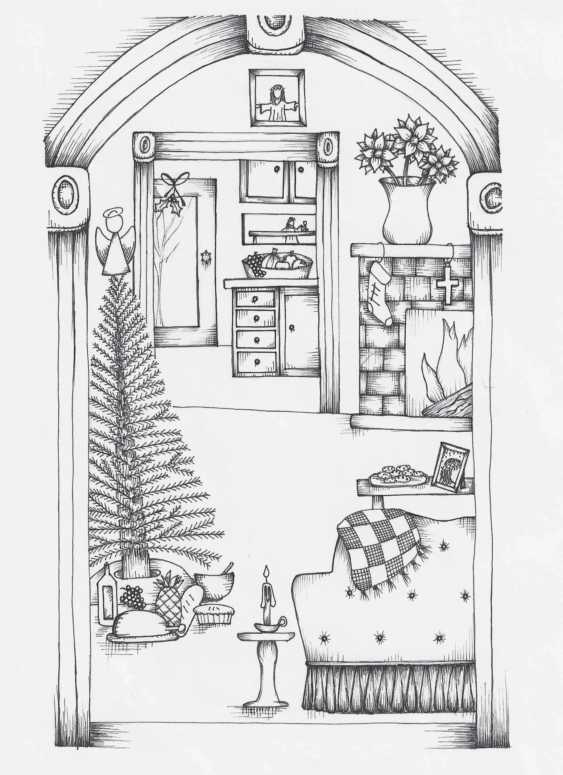 Black and white illustration of an interior scene showing a fireplace with a Christmas stocking hanging, a table with cookies, a chair with a checkered cloth, a tall Christmas tree, a small bookshelf, a framed picture, and various decorative objects 