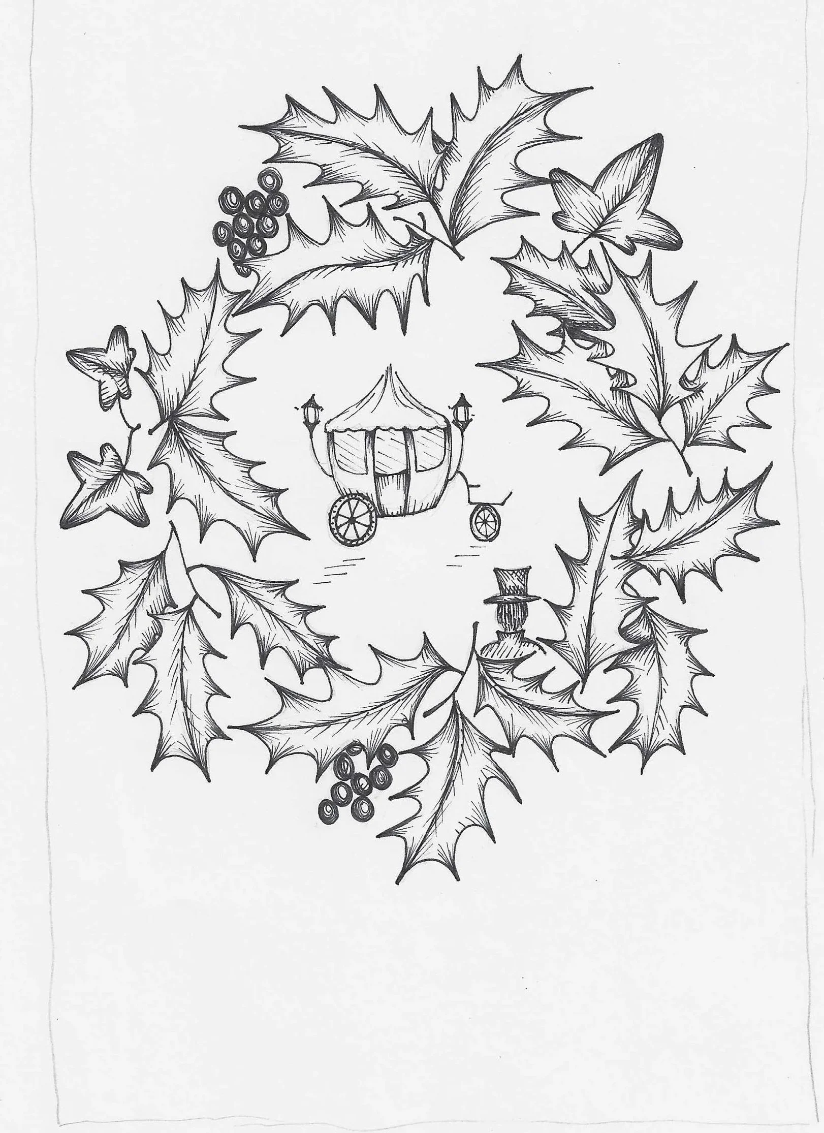 Black and white line drawing of holly leaves, berries, a butterfly, a small lantern, and a top hat.