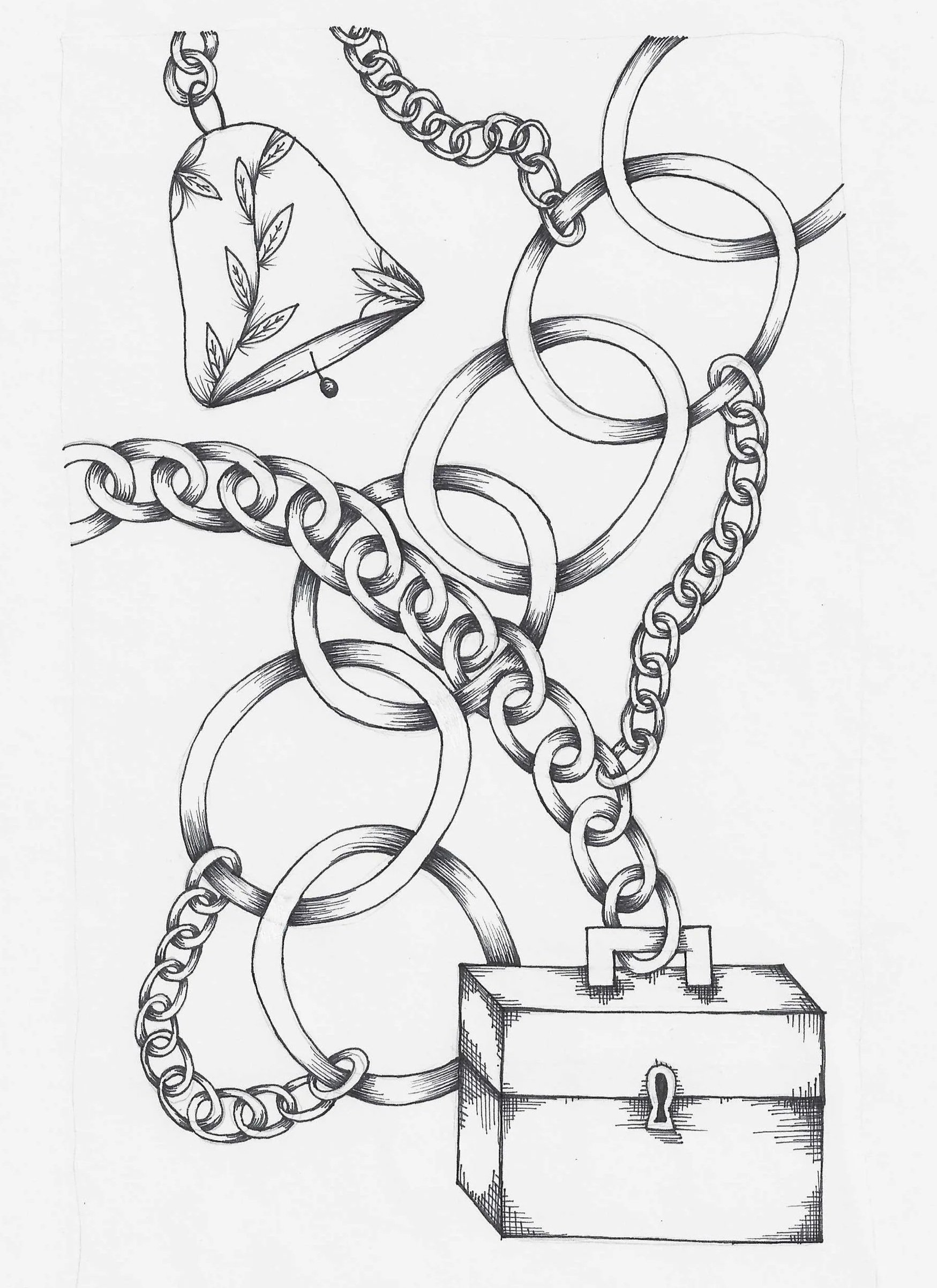 Black and white drawing of a padlock with chains and a key, with a heart-shaped object attached to the chains, and a small tube or container with a curved line emerging from it.