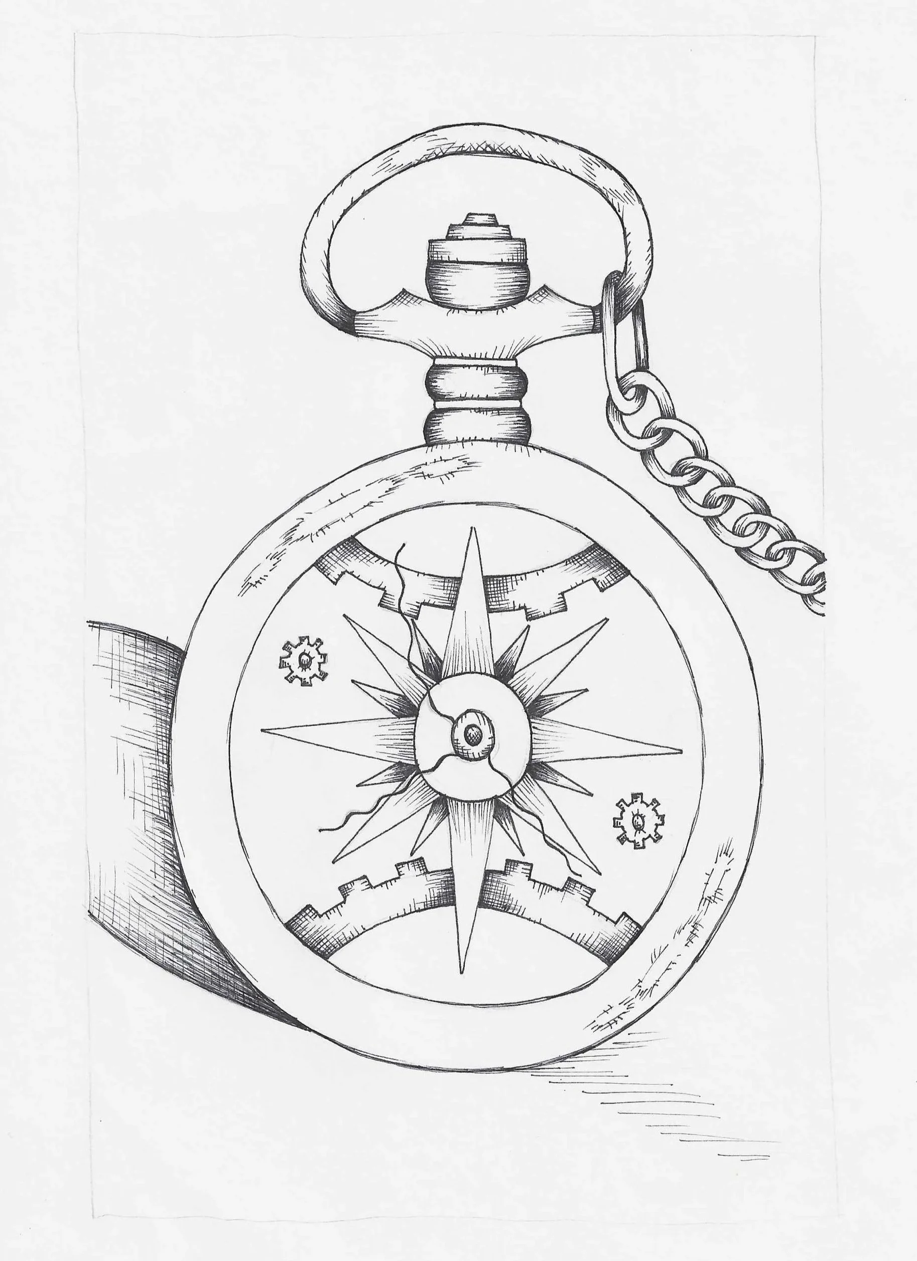 Black and white sketch of a compass with decorative elements, including a chain attached to the top.