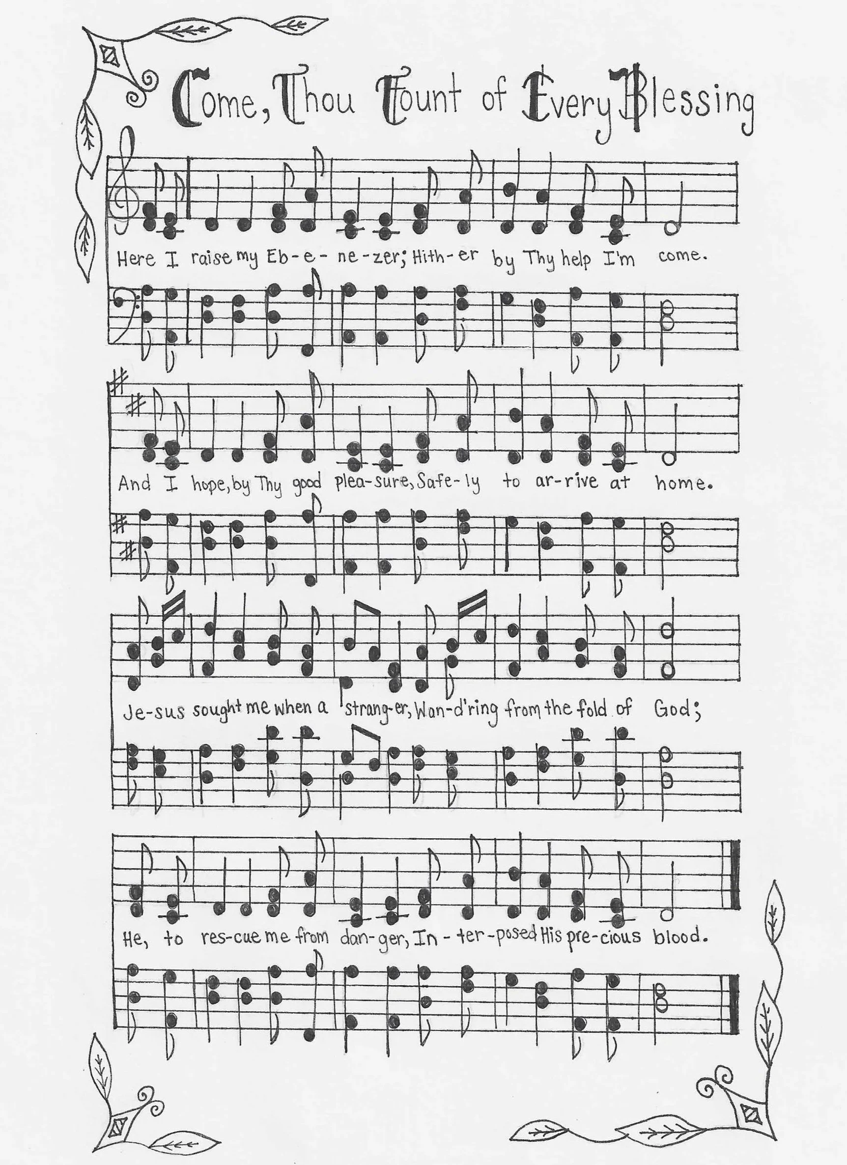 Handwritten sheet music and lyrics of a hymn titled 'Come, Thou Fount of Every Blessing,' with floral and leaf decorations in the margins.