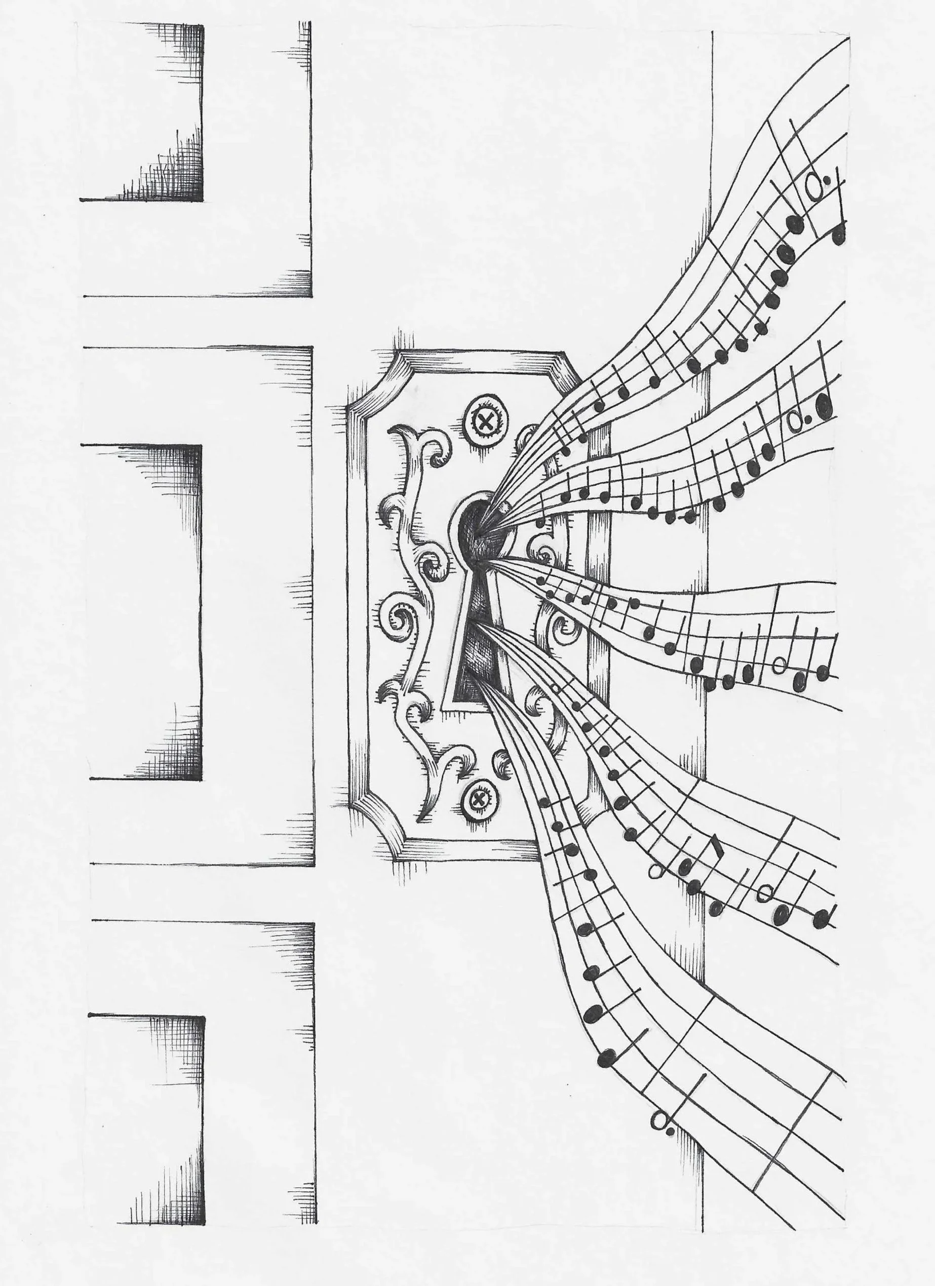 A detailed drawing of a vintage electric guitar's headstock with a musical staff and notes emerging from its tuning pegs.