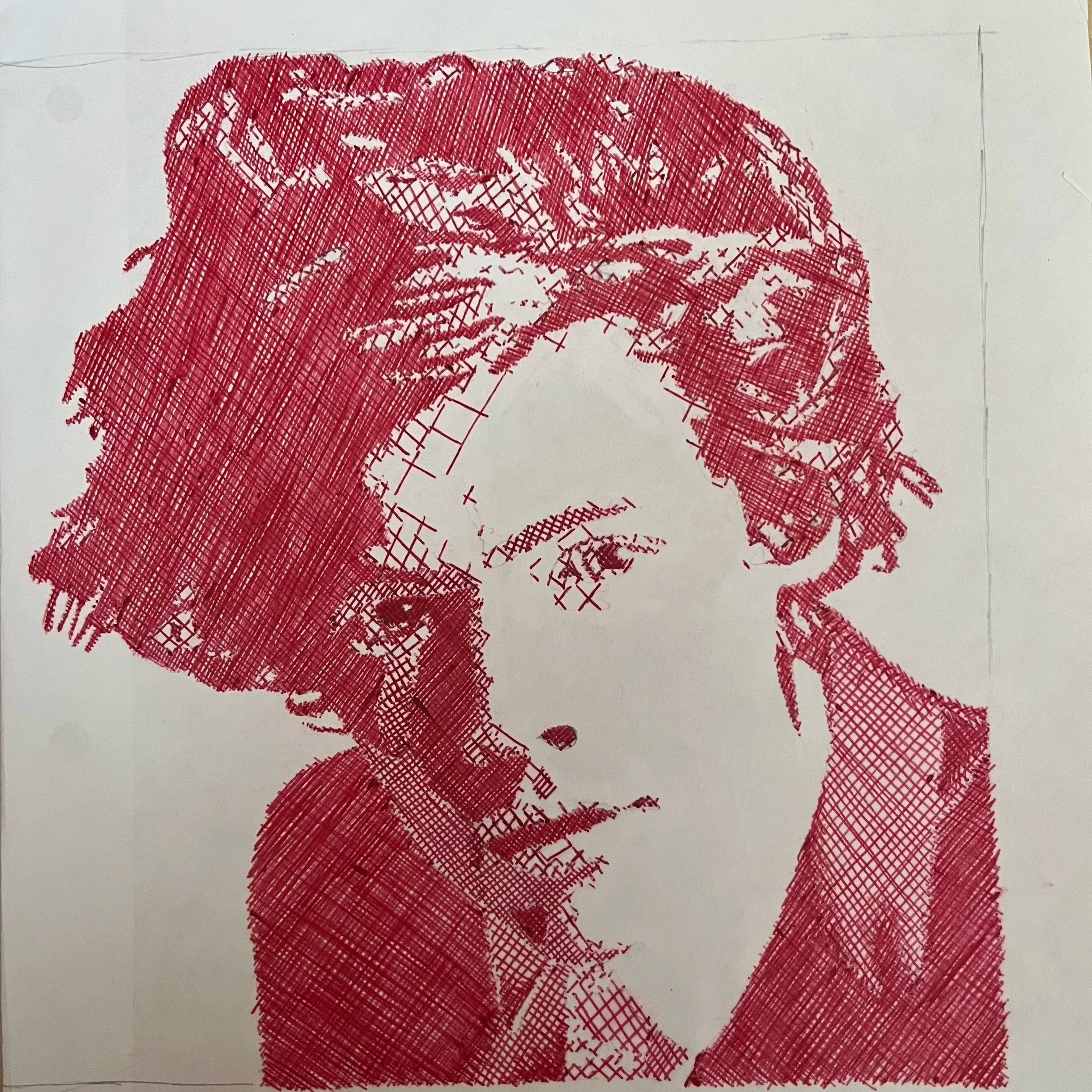 Red, crosshatched portrait of a person with glasses and curly hair, sketch-style.
