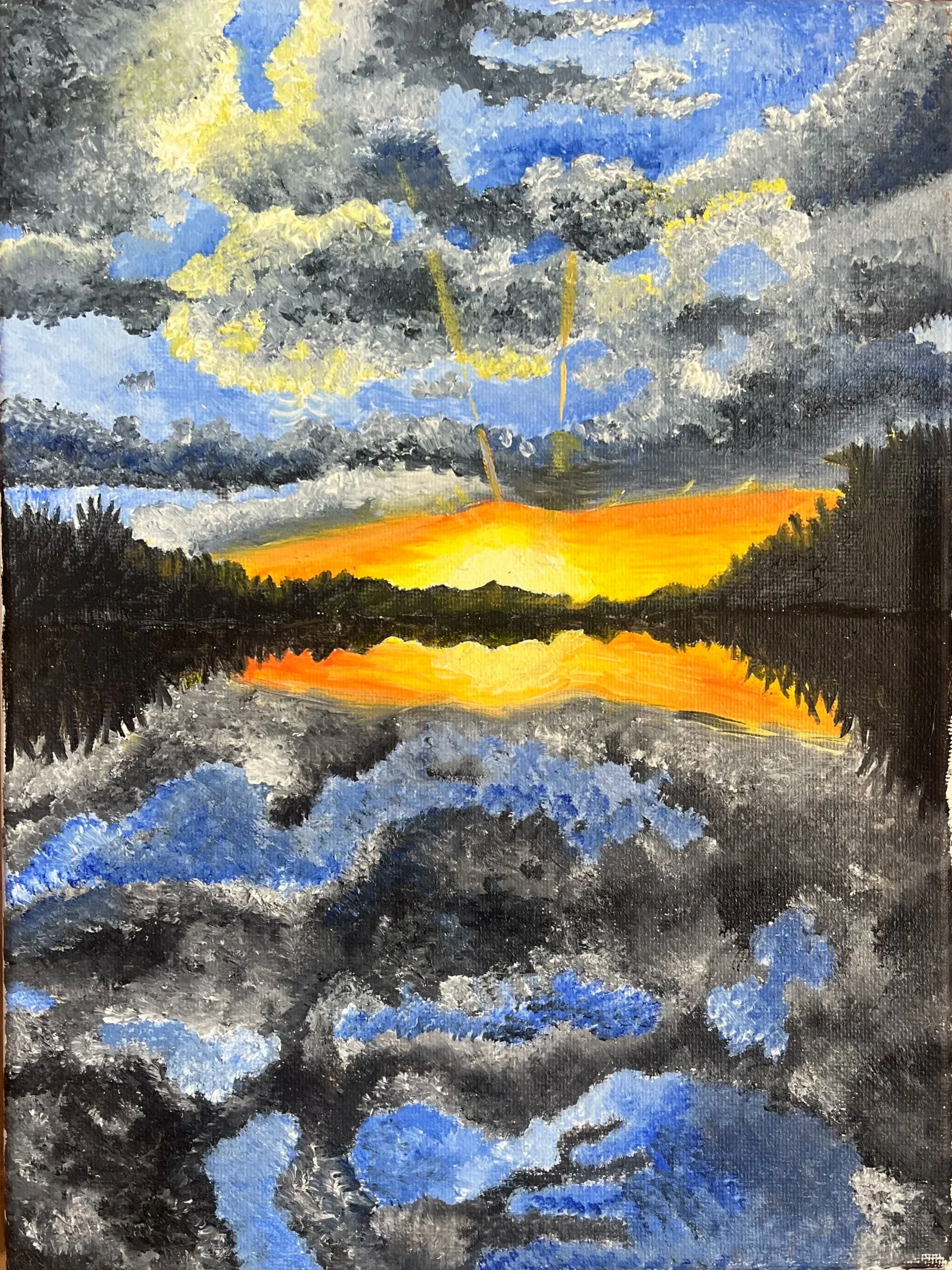 A painting of a sunset with clouds in shades of gray and blue, and a reflection of the sunset in water with dark trees in the foreground.