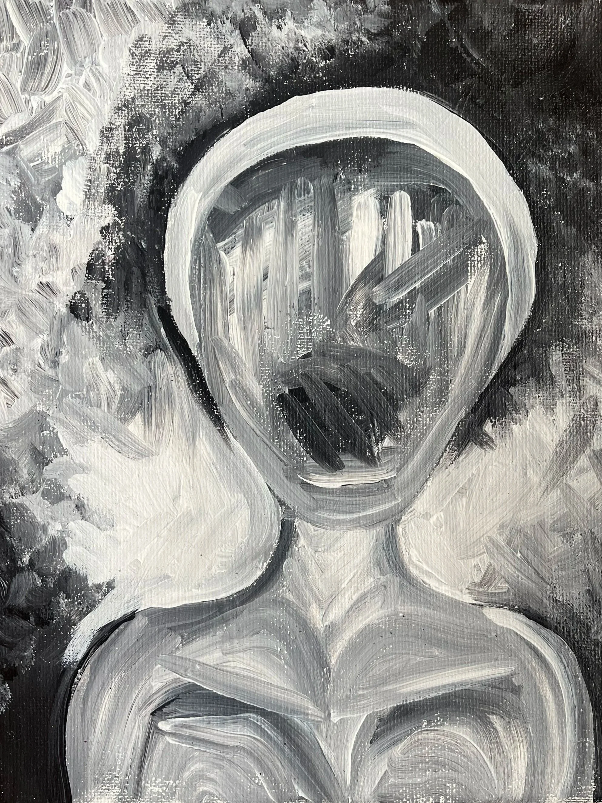 Black and white abstract painting with swirling circular patterns and textured brush strokes.