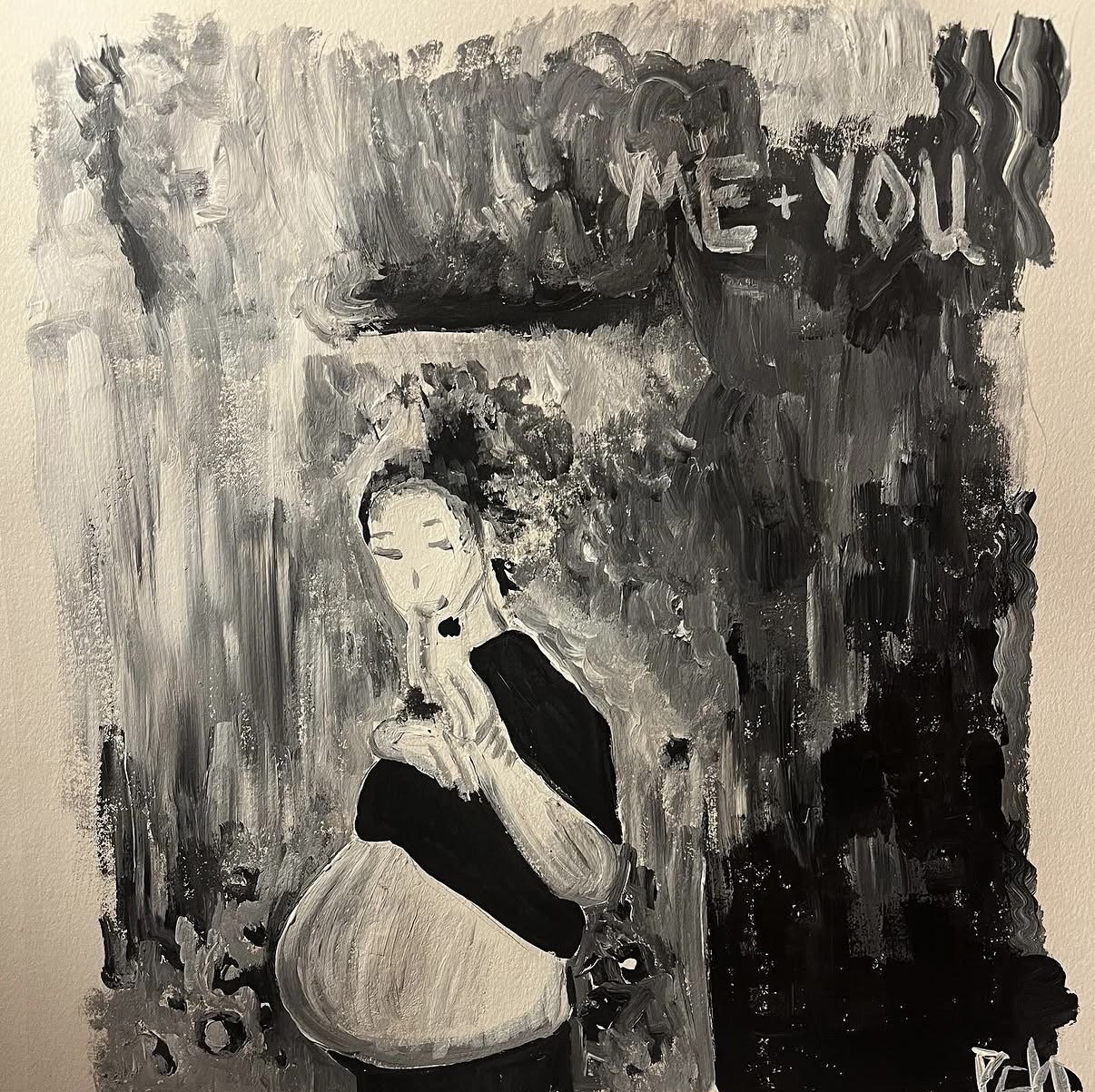 A monochromatic painting of a woman with closed eyes, resting her finger on her lips in a shushing gesture. Above her, a speech bubble says '+ YOU' in large letters. The background is textured with abstract brushstrokes.