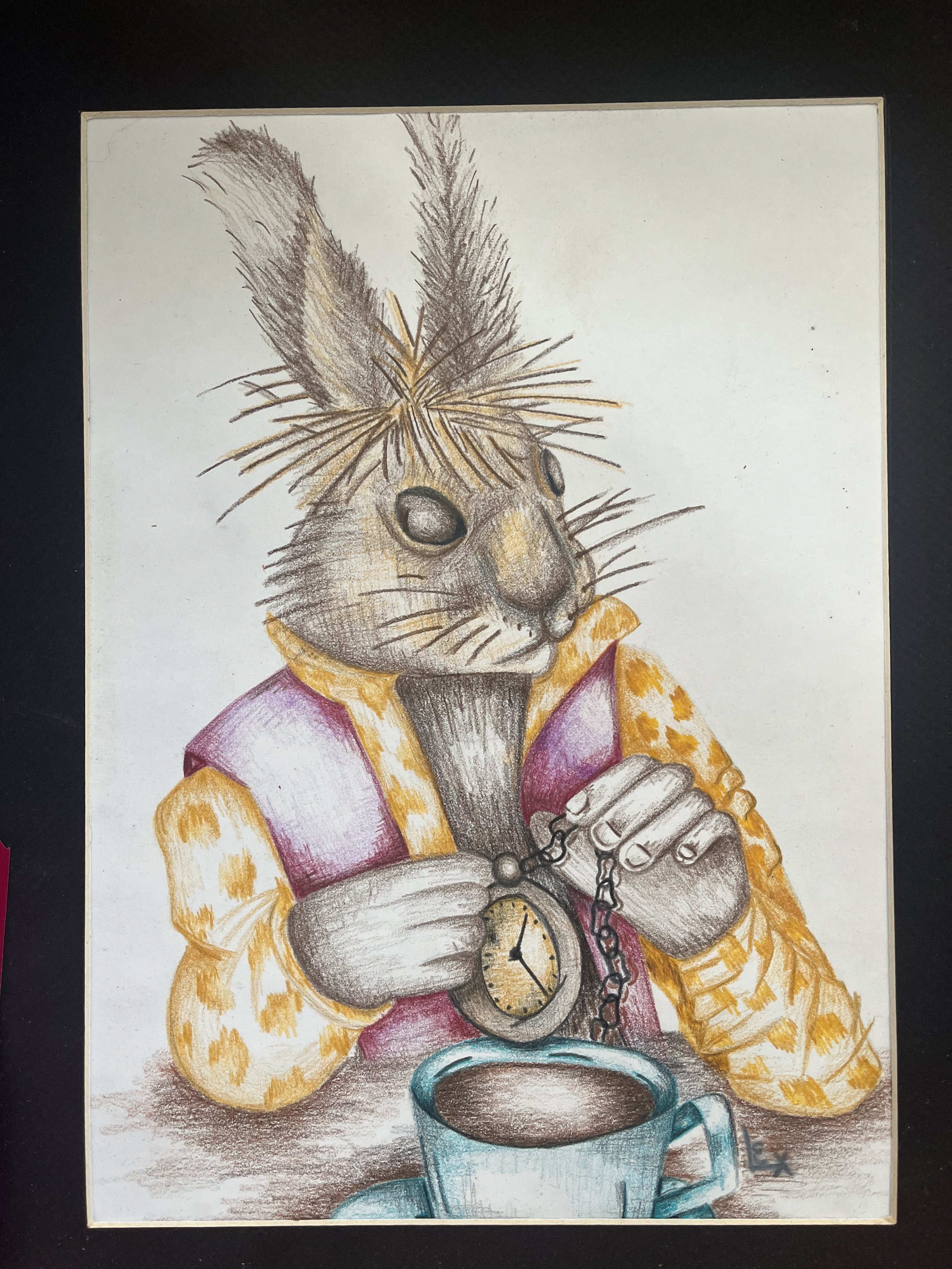 A detailed colored drawing of an anthropomorphic animal character, with a furry face, large eyes, whiskers, and wearing clothes, holding a pocket watch and sitting near a cup on a table.