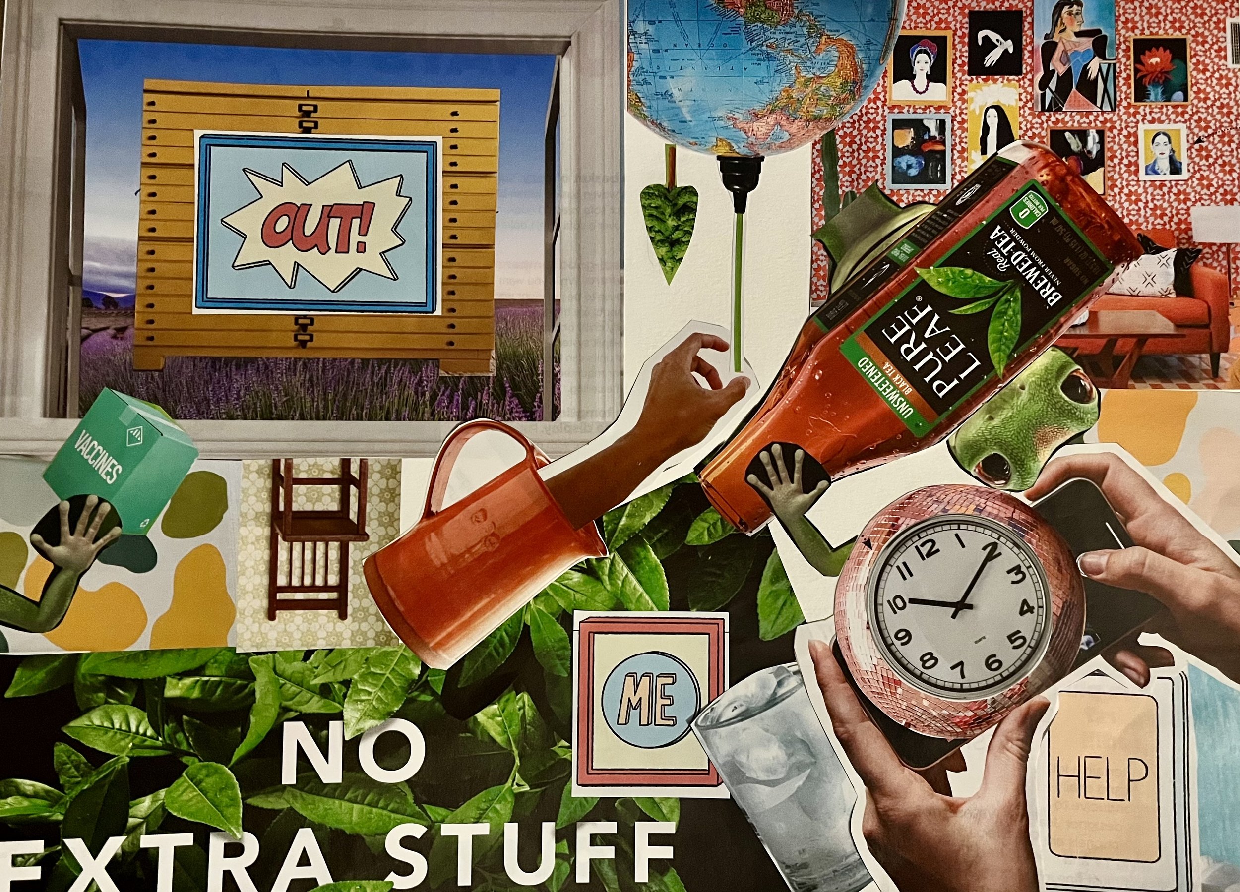 A collage of various objects including a yellow window frame with a sign that says 'out!' in a comic style, a globe, a pack of unfiltered black tea, a clock, a small green heart-shaped leaf, and multiple small pictures of women with different hairsty