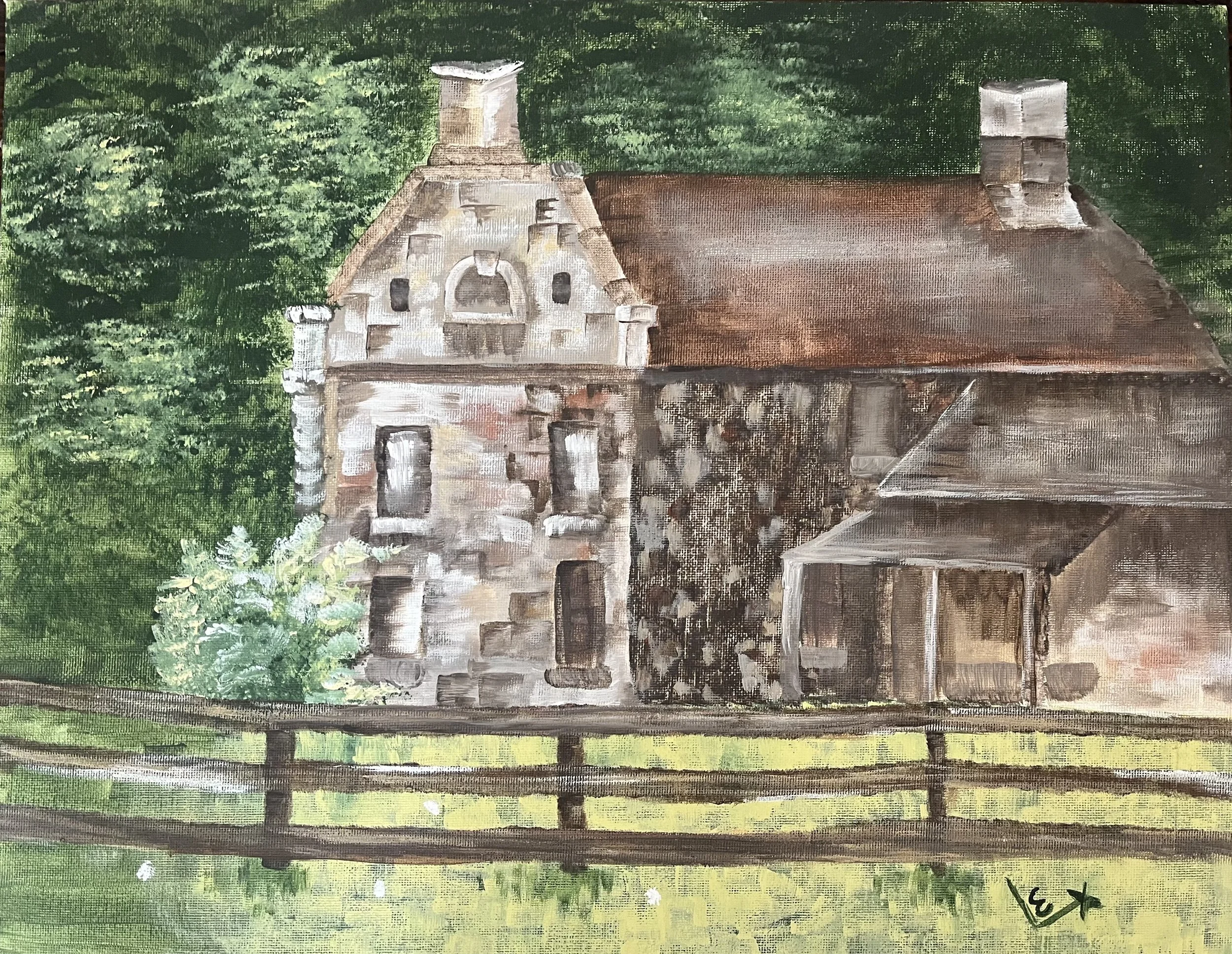 A painting of a historic stone building with multiple windows, surrounded by lush green trees, and a wooden fence in the foreground.