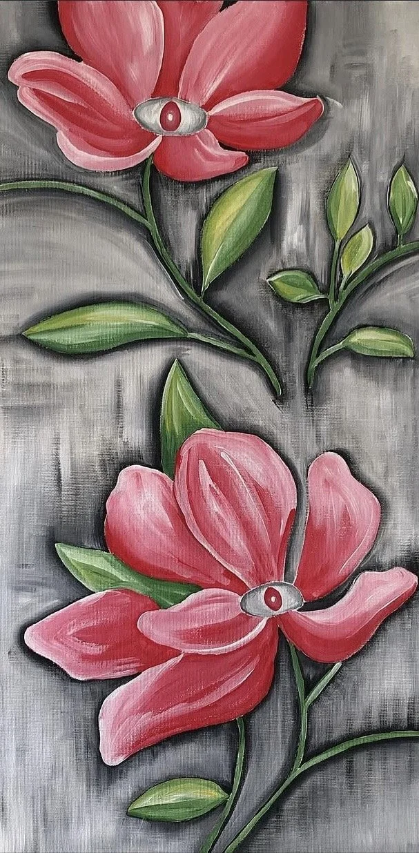 A painting of two pink flowers with green leaves and stems, featuring eye-shaped centers, set against a gray background.
