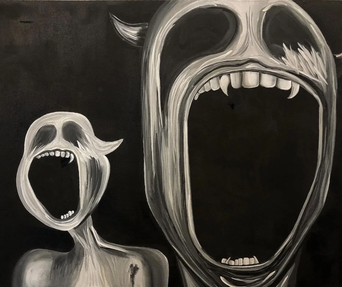 Black and white mural of two screaming faces with large open mouths, one smaller and one much larger, painted on a dark background.
