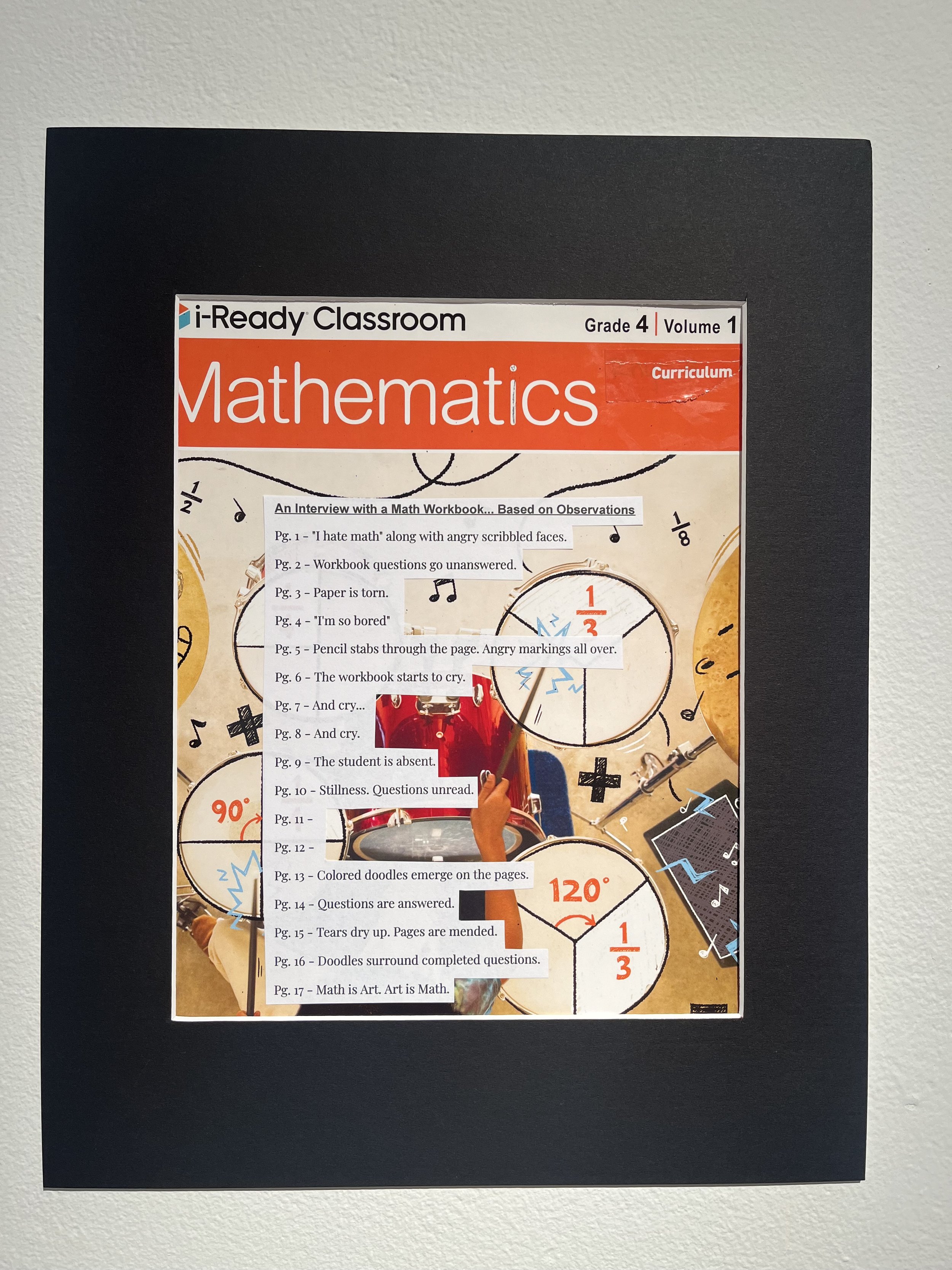 A classroom poster titled "Mathematics" with notes and doodles about a math workbook, including pages and observations on student reactions.