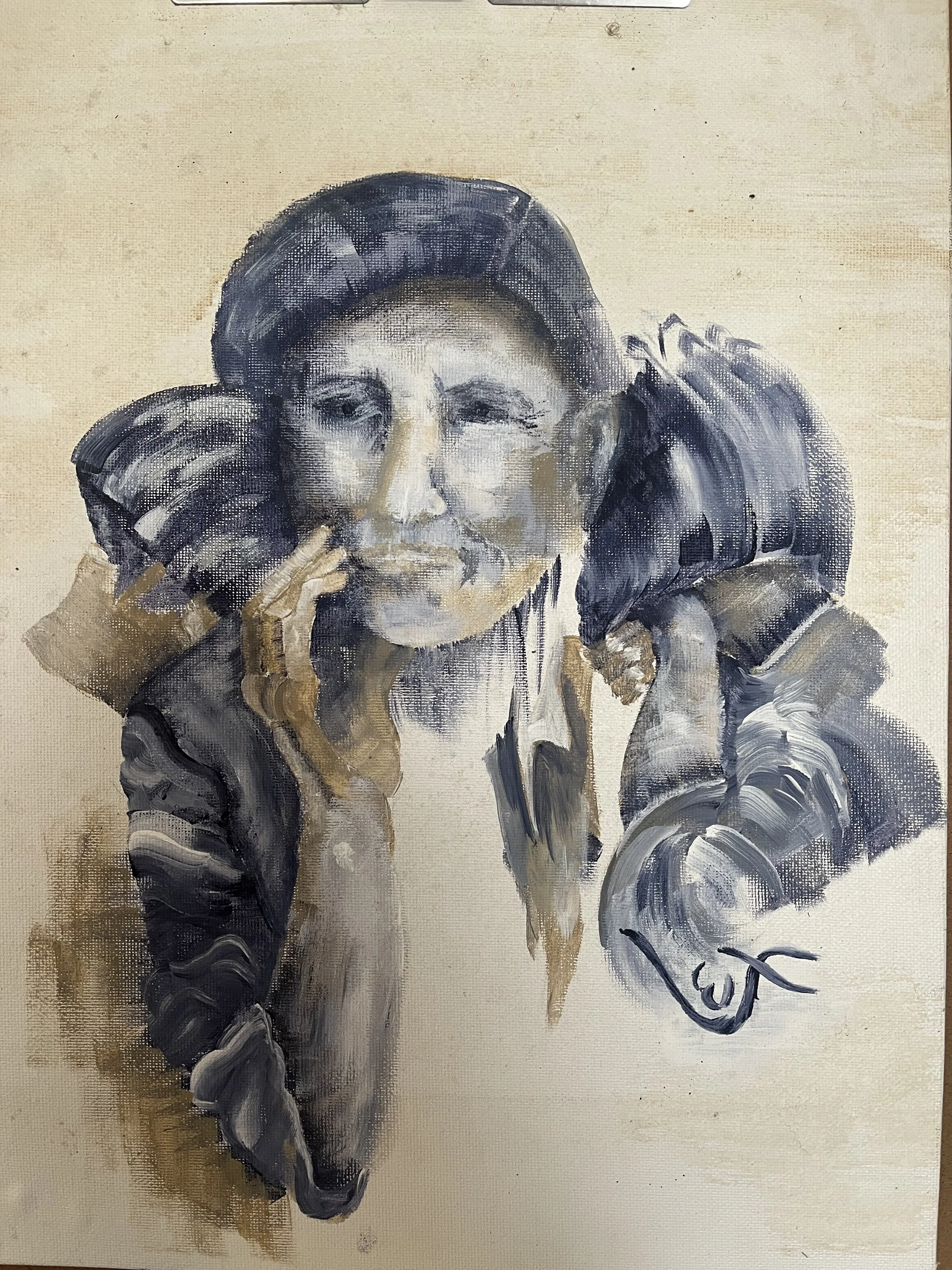 An abstract painting of a woman with dark hair styled in two long braids, with her hand resting on her face, painted in shades of black, grey, and beige.